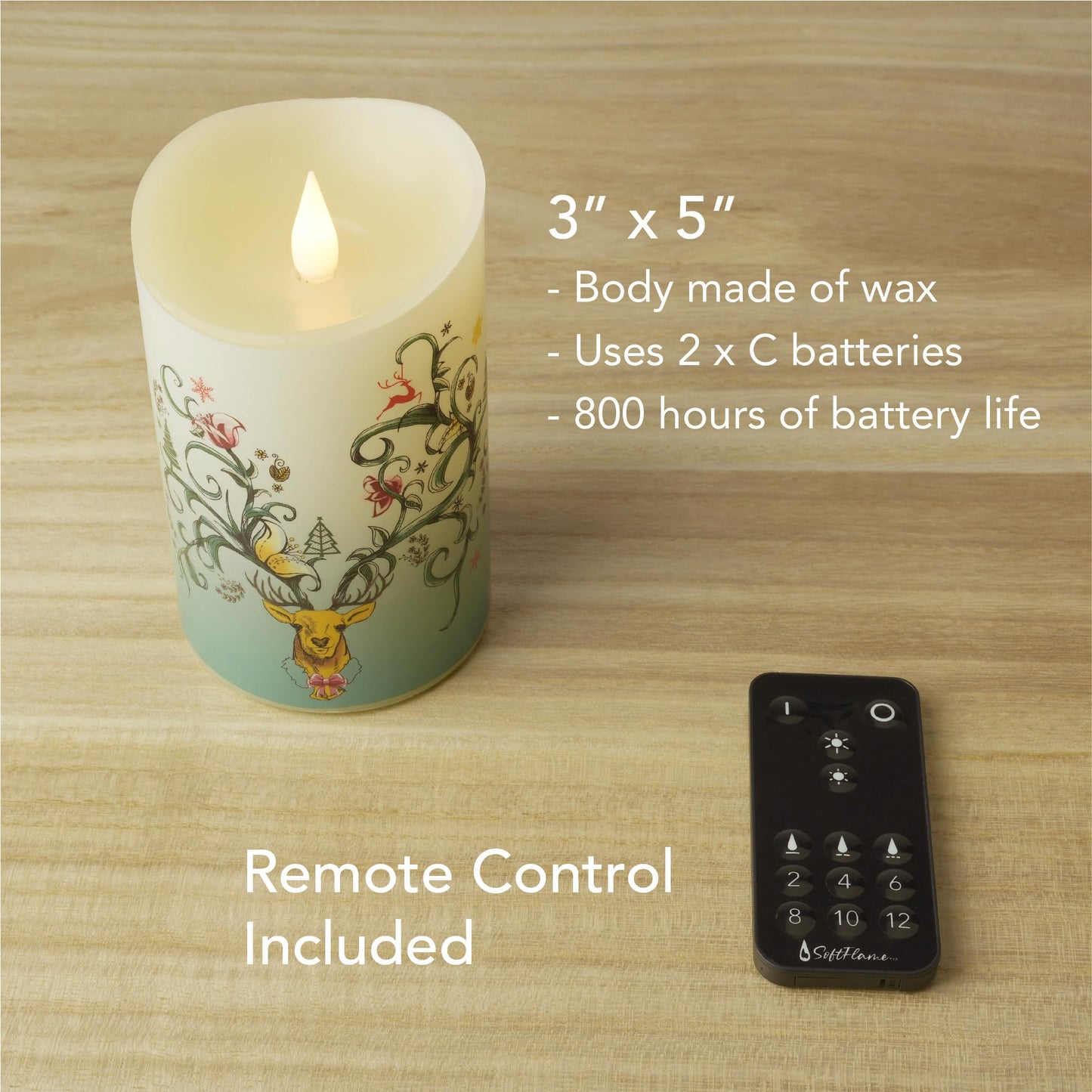 Softflame Christmas Flameless Candles with Remote Control, 3"x 5"Battery Operated Flickering 3D Wick Real Wax Pillar Reindeer Candle