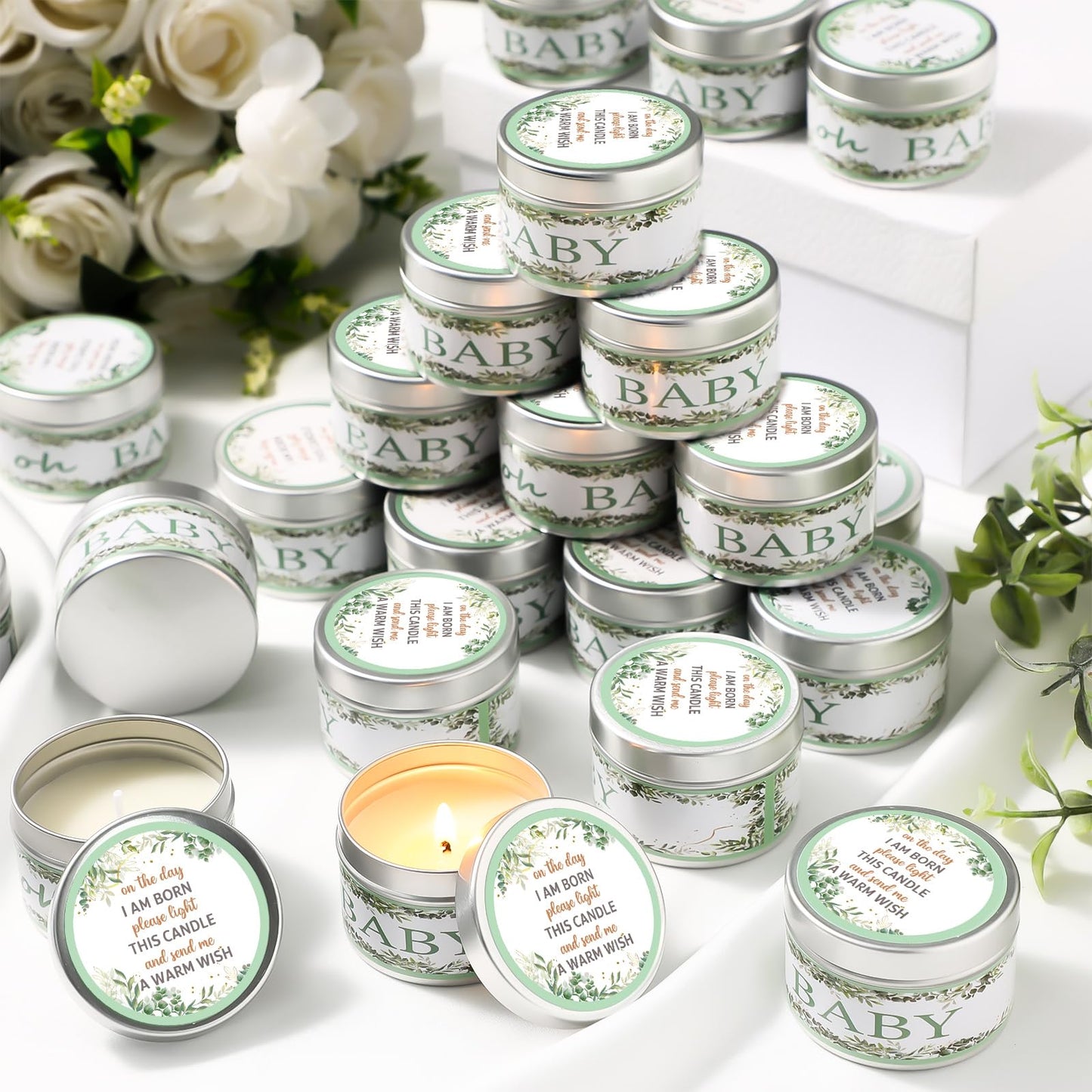 MTLEE 24 Pcs Eucalyptus Baby Shower Party Favors Candles Lavender Scented Baby Shower Favors for Guests Rustic Tealights Candles Gender Reveal Return Gifts (1.2 Oz, Sage Green)