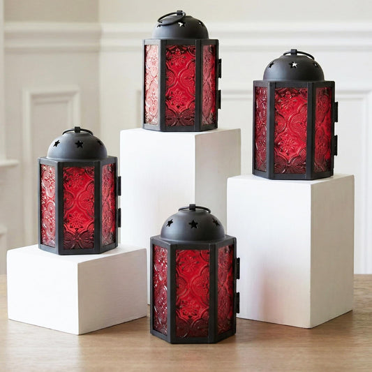 VELA LANTERNS Mini Moroccan Tea Light Candle Holder Lanterns – 4.25" Small Decorative Lantern for Table or Hanging, Metal with Glass Panels – Ramadan, Wedding, Home Decor, Ruby Red (Set of 4)