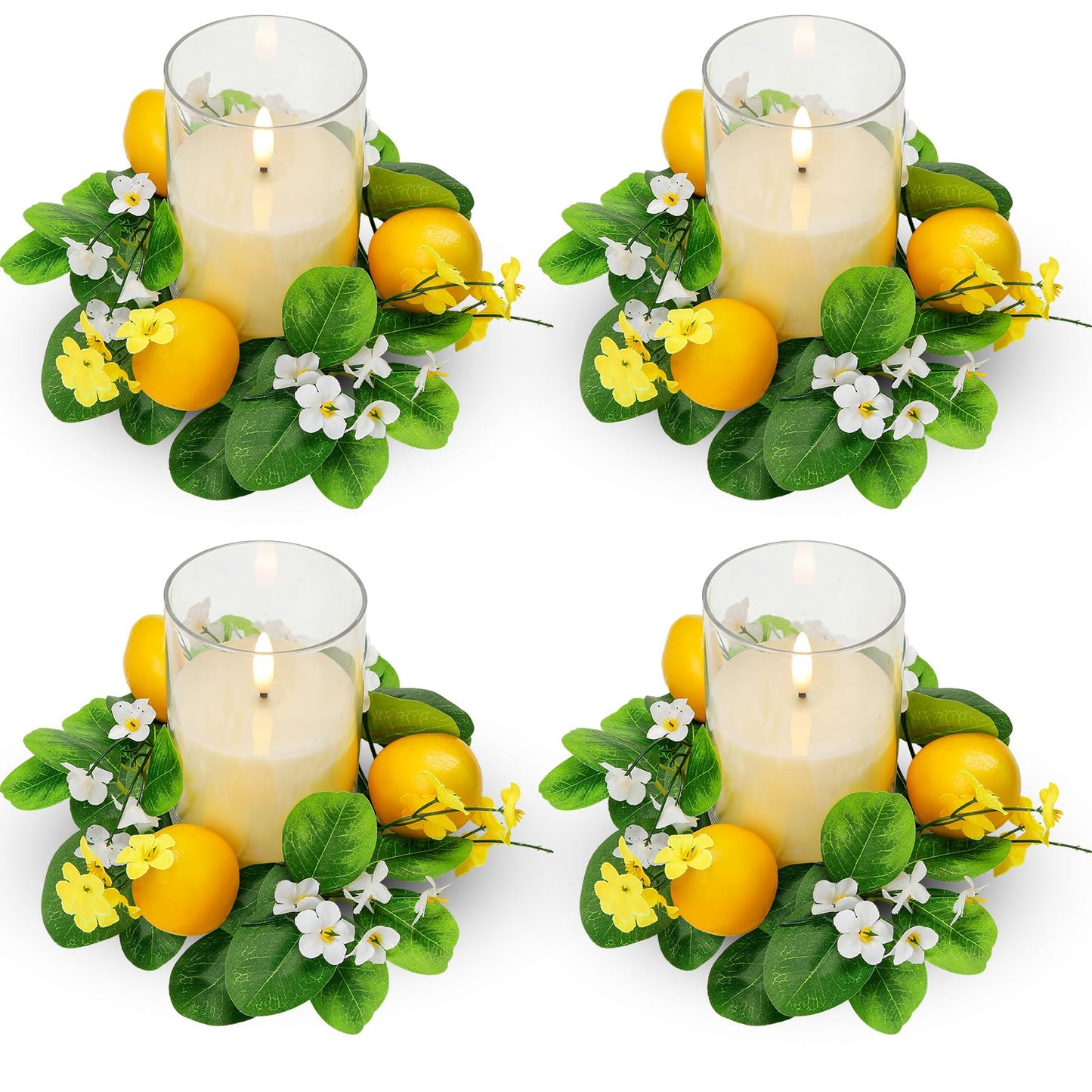 Yunlly 4 Pcs Artificial Lemon Candle Rings Wreaths Decorative Greenery Candle Holder with Yellow Lemons and White Flowers with LED Flameless Candles for Farmhouse Summer Wedding Home Table Centerpiece