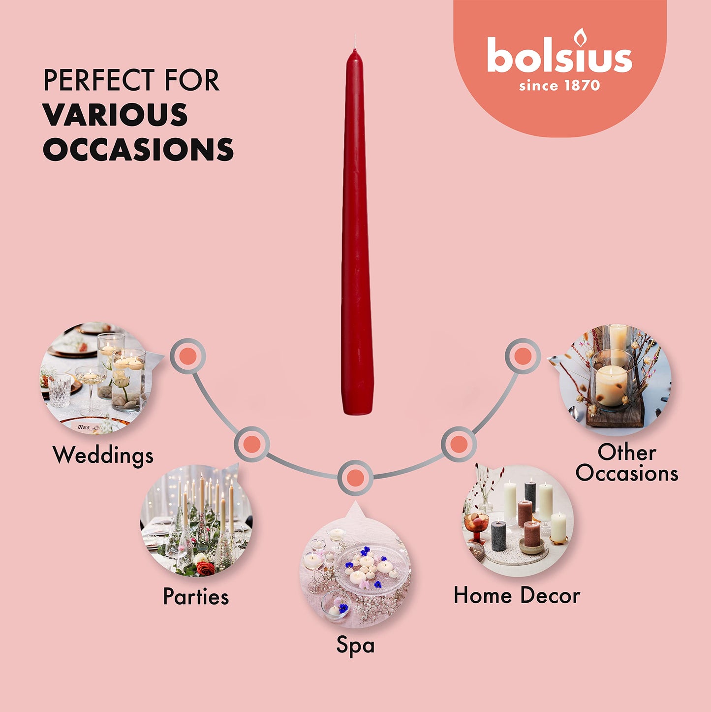 BOLSIUS Dark Red Taper Candles - 4 Pack Unscented 10 Inch Dinner Candle Set - 8 Hours Burn Time - Premium European Quality - Smokeless and Dripless Household Wedding, Spa, and Home Decor Candlesticks