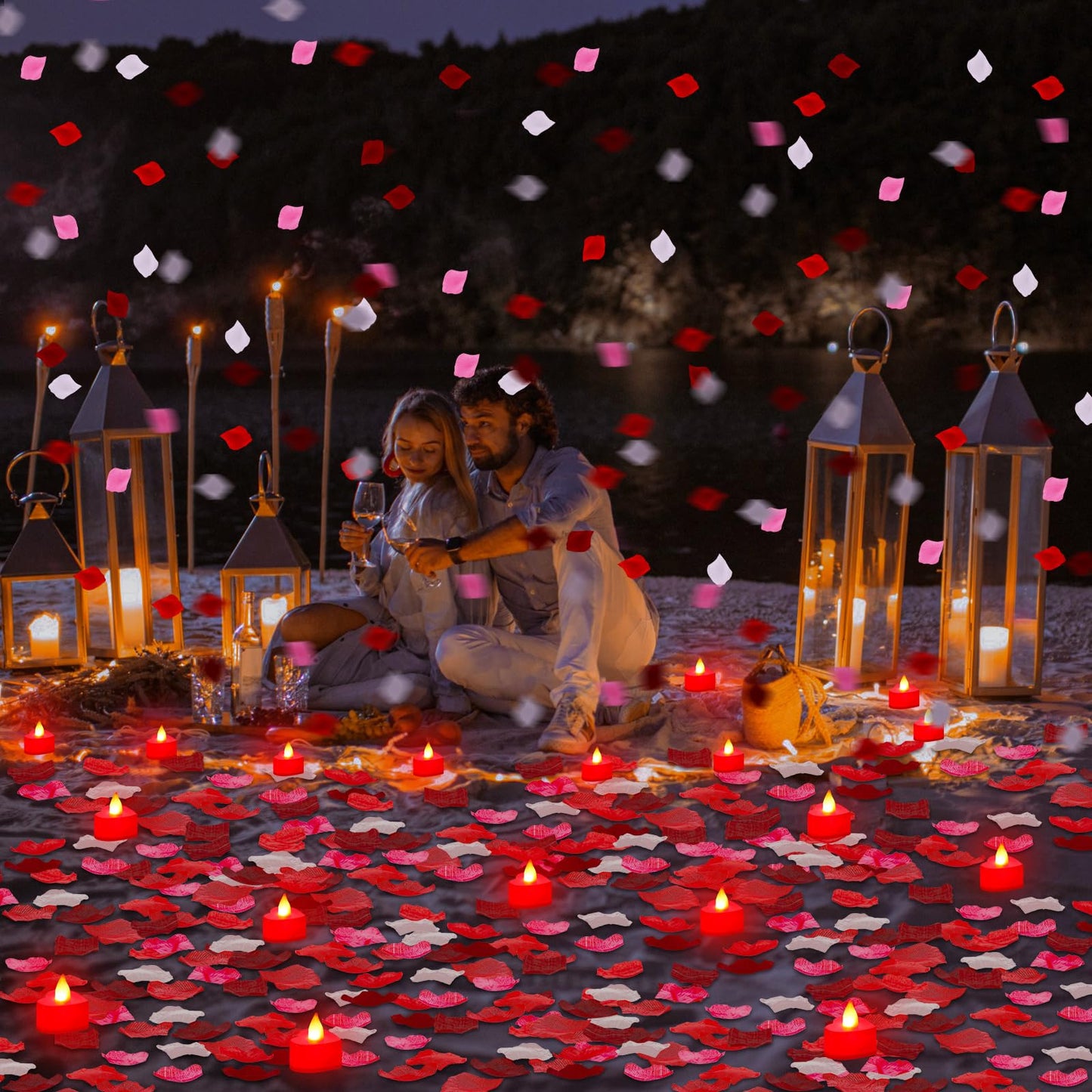 VIHOSE 4000 Pcs Artificial Rose Petals with 24 Pcs LED Tea Lights Candles Flameless LED Candles Fake Rose Petals for Wedding Birthday Party(Red Light, Bright Color Petal)