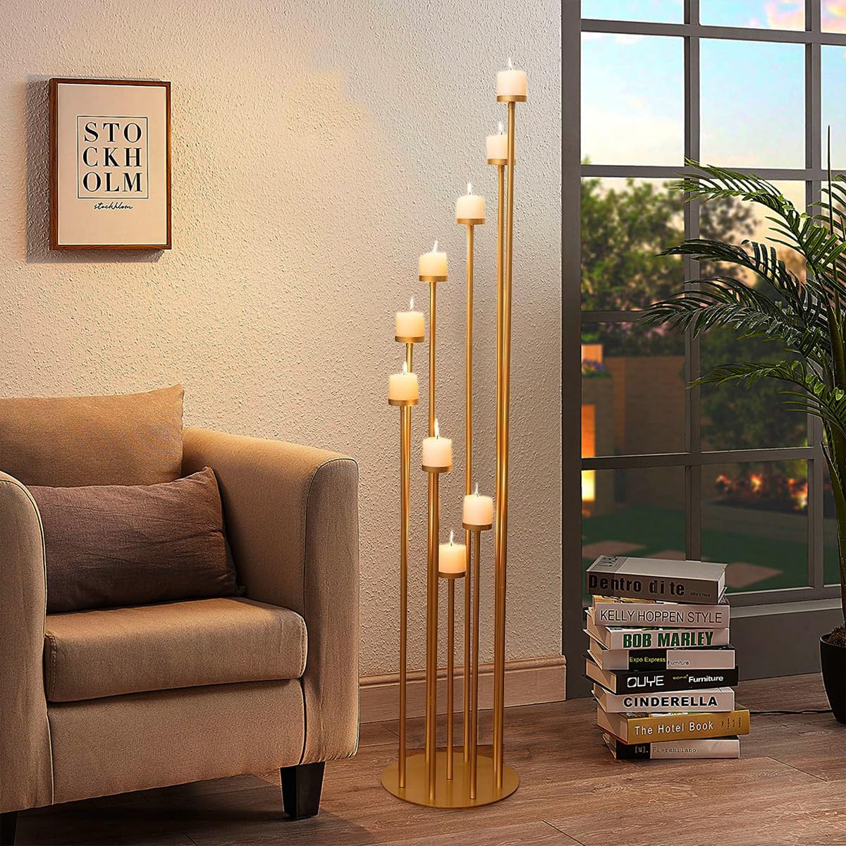 Fullvaseer 2pcs 9 Arm Candelabra,Floor Candle Holders Tall Set for Wedding Aisle Decoration,Gold Candelabras for Fireplace,Candle Stand Fit for Flameless or Wax