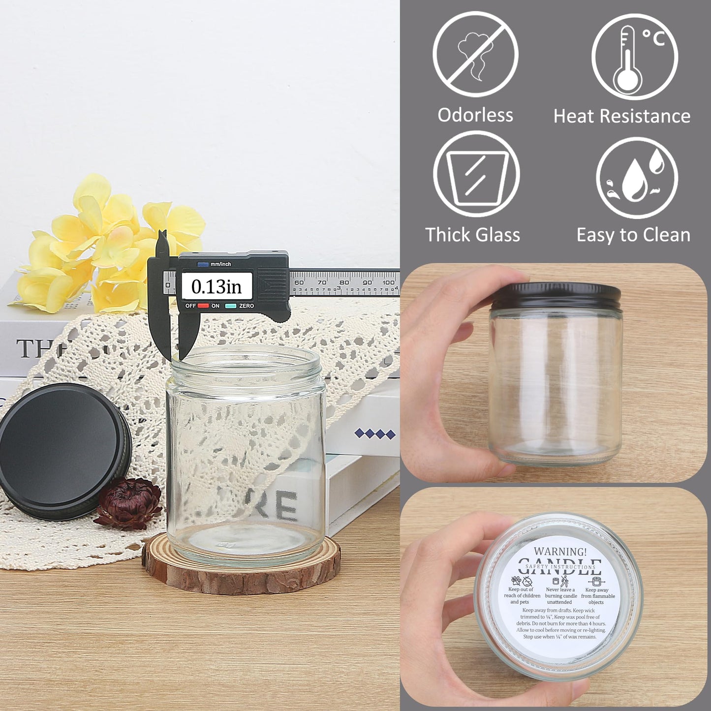 MILIVIXAY 12 Pack 8 OZ Thick Glass Clear Candle Jars with All Black Metal Lids-Bulk Empty Candle Jars for Making Candles-Canning Jar for Spice, Liquid, Sample- Dishwasher Safe.