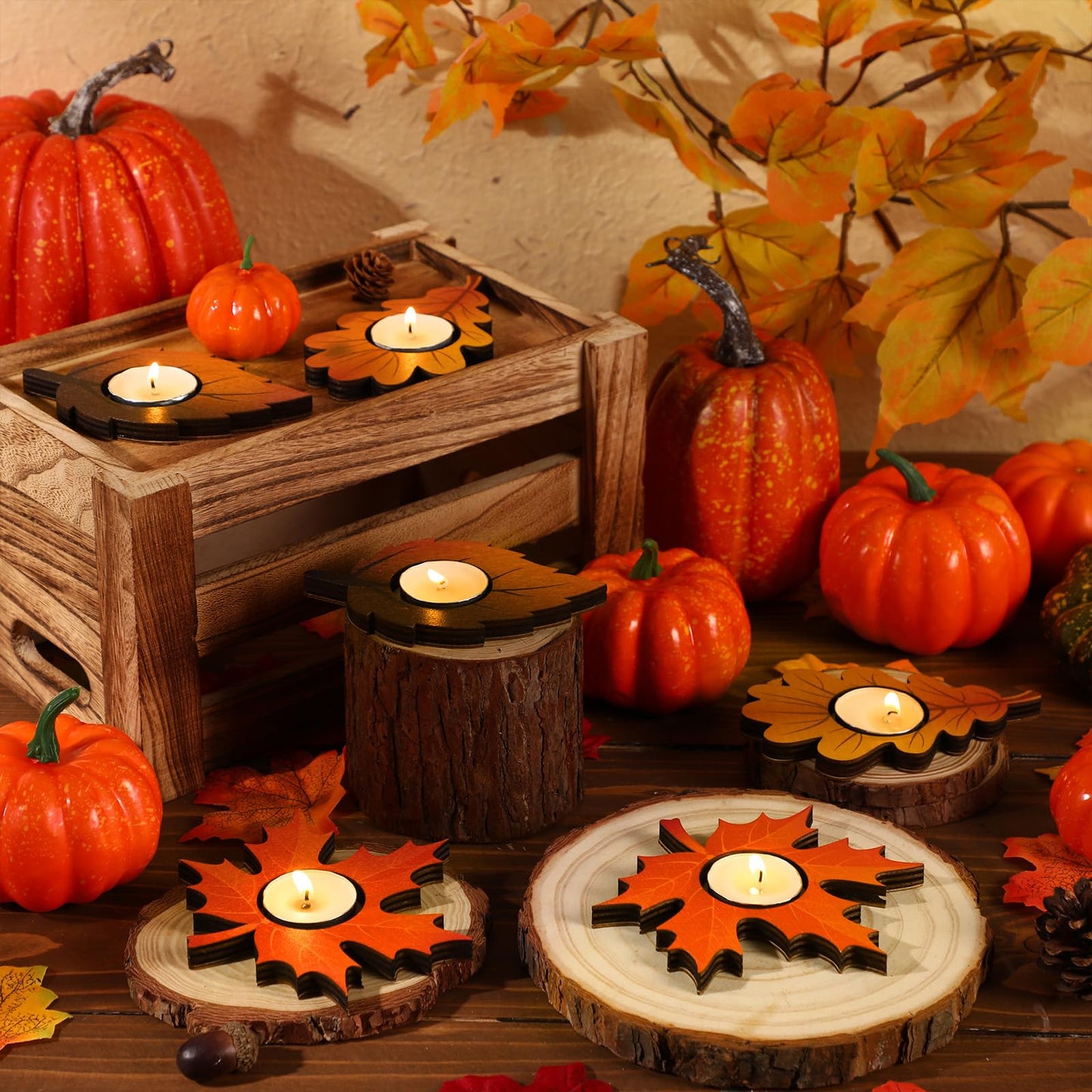Marsui 12 Pcs Fall Thanksgiving Candle Holders Maple Leaves Harvest Table Centerpiece Decor Tealight Candle Holders for Home Tabletop Autumn Party Mantel Decorations