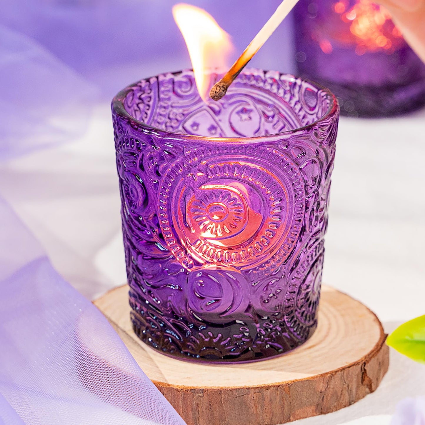 6 Pack Sun Moon Star Embossed Glass Tea Light Candle Holders - Votive Candle Holders for Wedding, Party, Home Decor, and Table Centerpieces (Amethyst Purple)