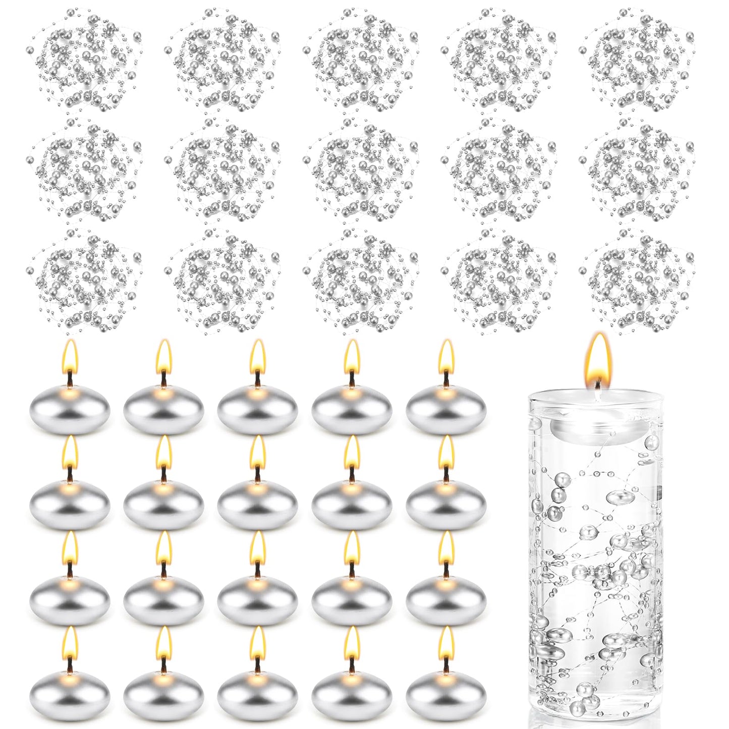 Fumete 40 Pcs Silver Wedding Floating Candles with Pearl Strings, Small Unscented Floating Candles for Centerpieces, Anniversary, Romantic Dinner, Engagement, Spa Bathroom, Home Decoration