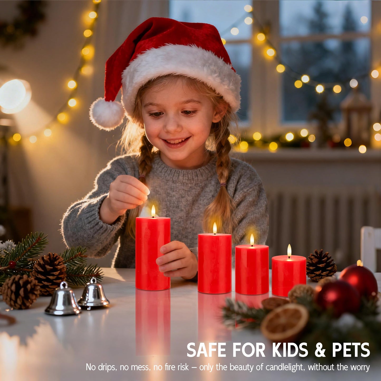 AFINETH Red Flameless Pillar Candles, Battery Operated Wax Candles with Remote, Flat Top Flickering Christmas LED Candle Decorations for Xmas, Home, Party Decor, Set of 4