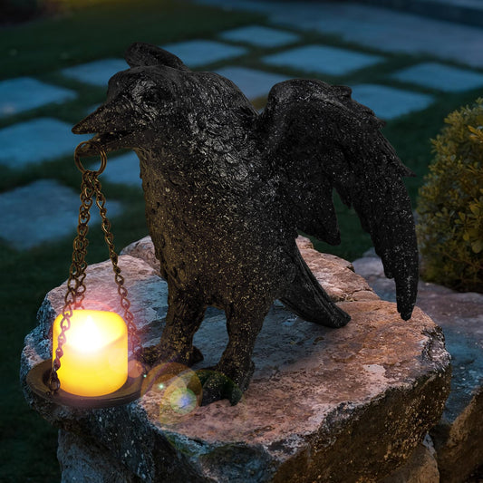 Halloween Decorations Spread Wings Raven Candle Holder Outdoor Garden Statue for Patio Decor Gothic Home Decor Black Stone