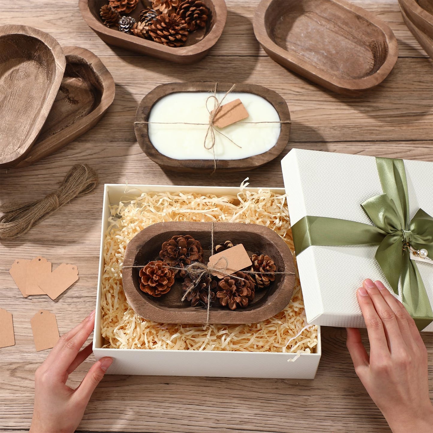 Tioncy 12 Pcs Wooden Dough Bowls Rustic Decorative Wood Dough Bowls Bulk for Decor with Card, Hand Carved Paulownia Wood, for Home Decor Candle Wedding Gifts Crafts Farmhouse Tray(Oval)