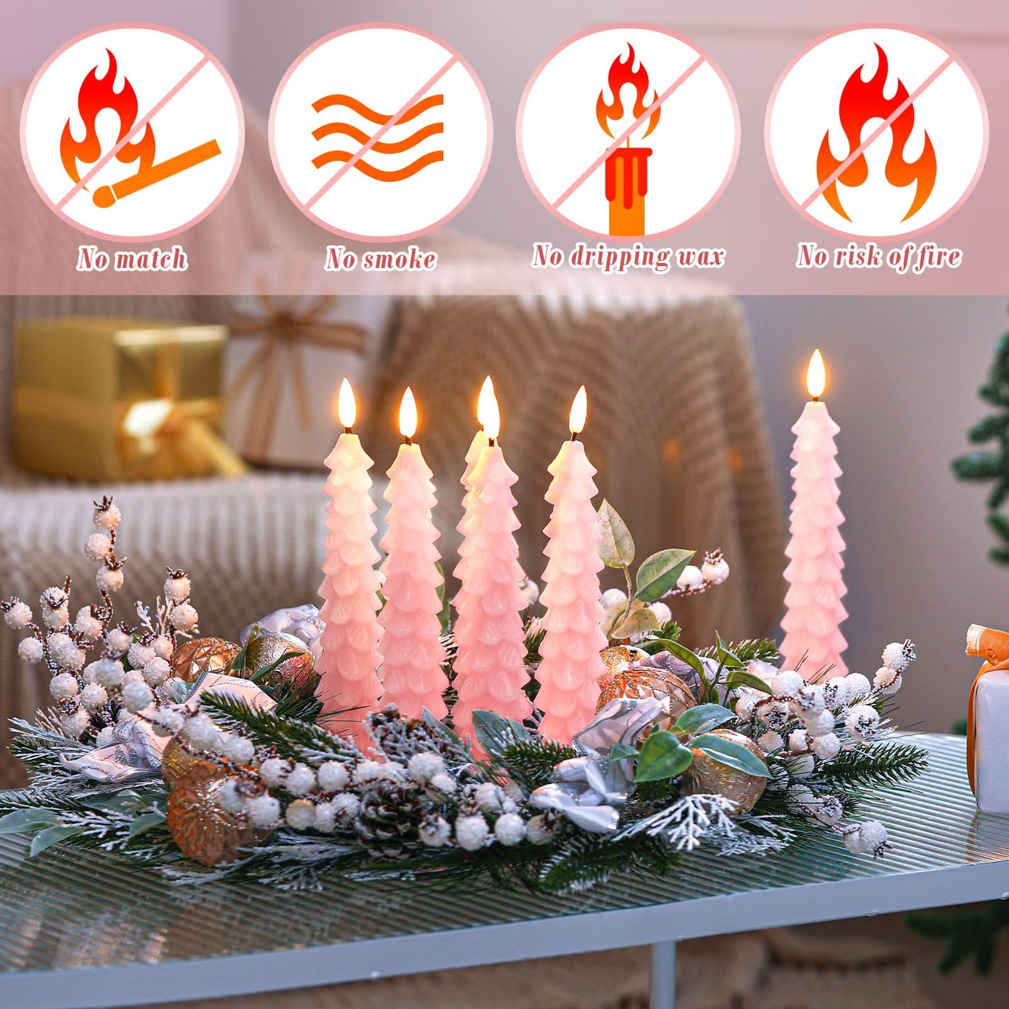 Tujoe 2 Pcs Pink Christmas Tree Flameless Taper Candles with Remote Xmas LED Candlesticks Battery Operated Electric Candlelights 3D Flickering Flame for Holiday Winter Party Table Centerpiece Decor