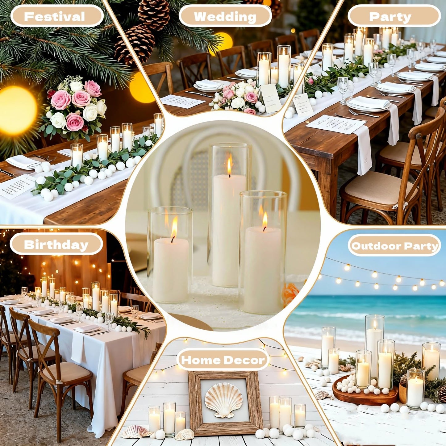 UDU 24 PCS White Pillar Candles with Glass Cylinder Vases Hurricane Glass Candle Holders for Pillar Candles Cylinder Vases for Centerpieces Wedding Table Party Home Decor