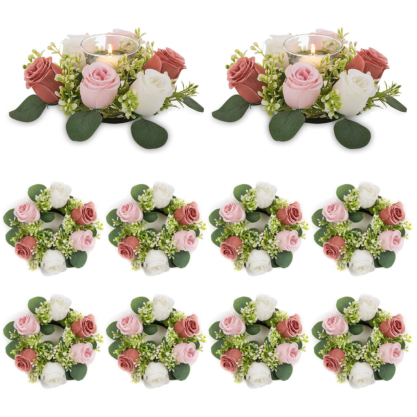NUPTIO Small Flower Rings for Centerpieces: 9.05 Inch Dusty Rose & White Candle Rose Wreath 10 Pcs for Wedding Party Christmas Decorations - Spring Summer Front Door Porch Decor