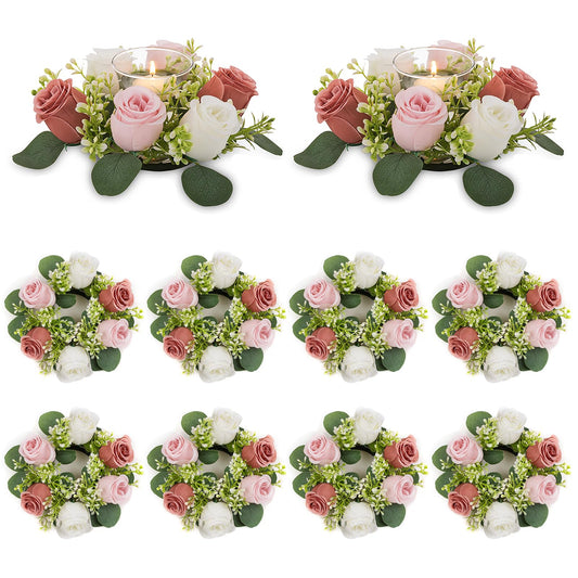 NUPTIO Small Flower Rings for Centerpieces: 9.05 Inch Dusty Rose & White Candle Rose Wreath 10 Pcs for Wedding Party Christmas Decorations - Spring Summer Front Door Porch Decor