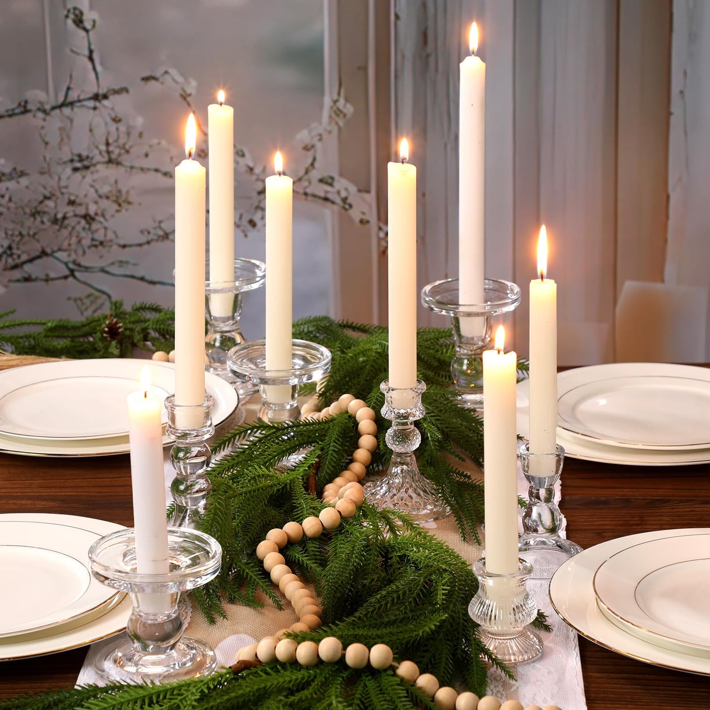 Potchen 8 Pieces Glass Taper Candle Holders Clear Short Stripe Taper Candlestick Holders Bulk Elegant Glass Candle for Table Centerpiece Wedding Christmas Party Decor Festival Home Decoration
