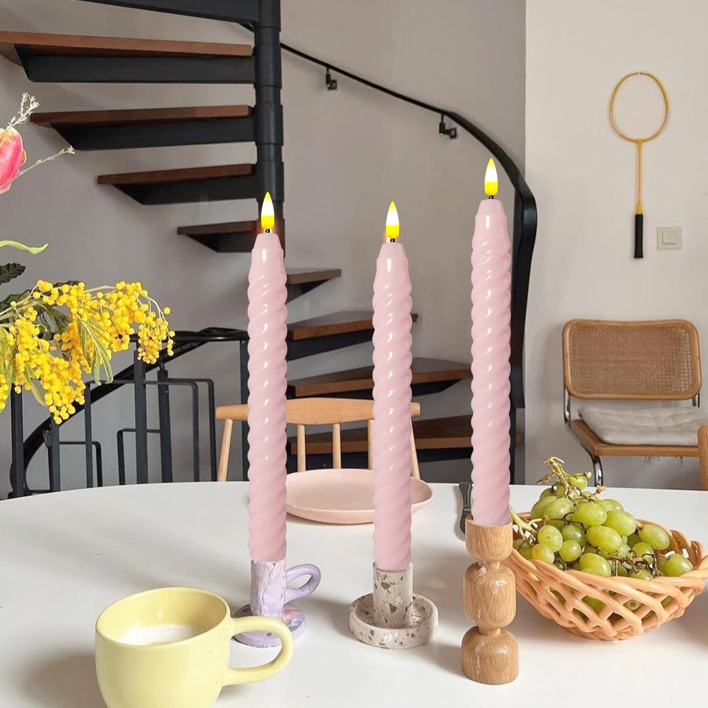 FCMSHAMD Pink Spiral Flameless Taper Candles, 9.8 Inch Flickering Candles with Remote and Timer, Real Wax Candlesticks LED Battery Operated 3D Wick for Wedding Party Home Decor, 6PCS
