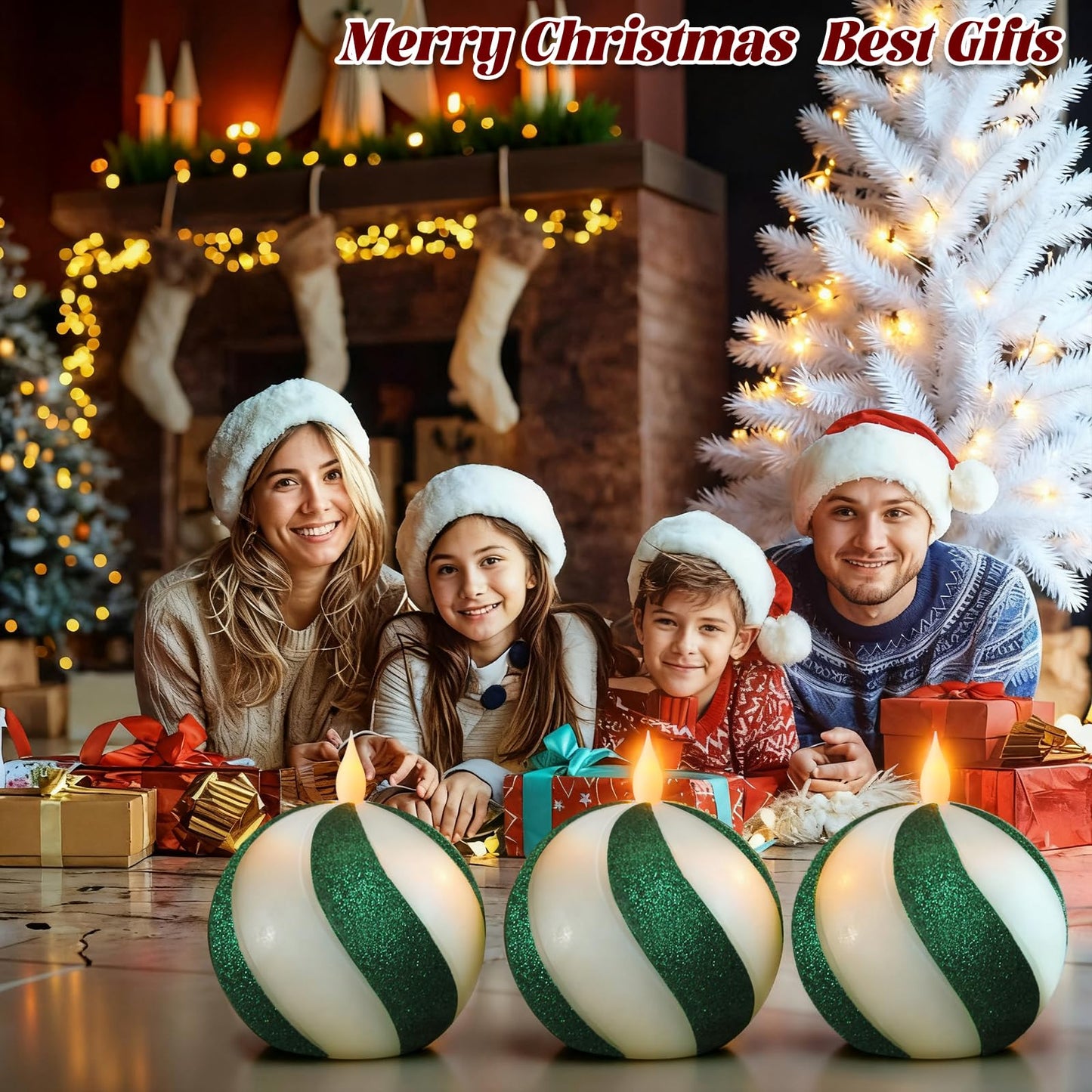 Set of 3 Christmas Sphere Candy-Cane Flameless Candles, Green&White Real Wax Flickering Ball Candles Battery Operated with Remote, Candy Cane Christmas Decorations,Xmas Party Tables Centerpieces Decor