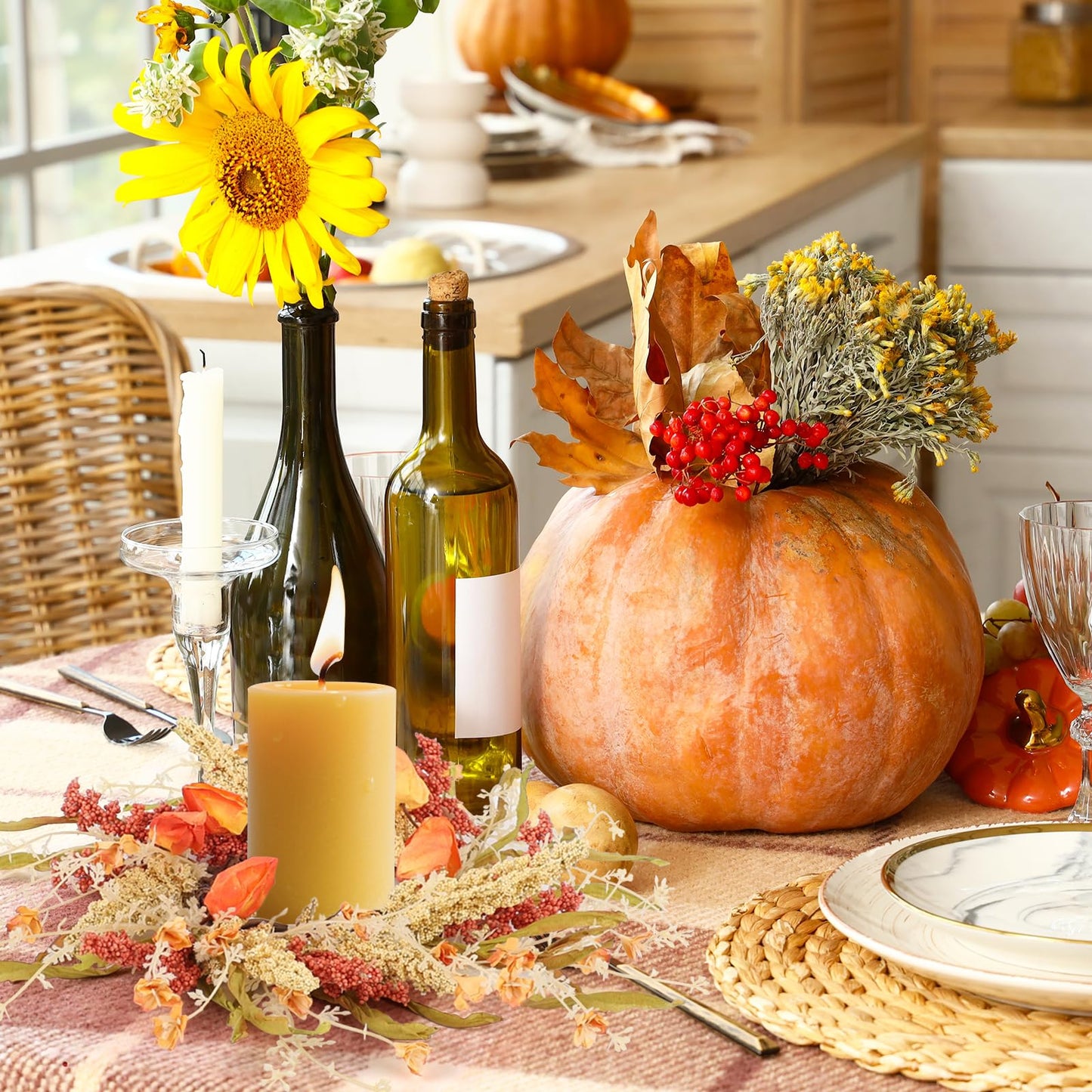 8 Pcs Fall Candle Rings 9 inch Thanksgiving Autumn Wreaths with Flowers for Tables Artificial Farmhouse Candle Rings Wreath for Front Door Porch Wall Window Decorations