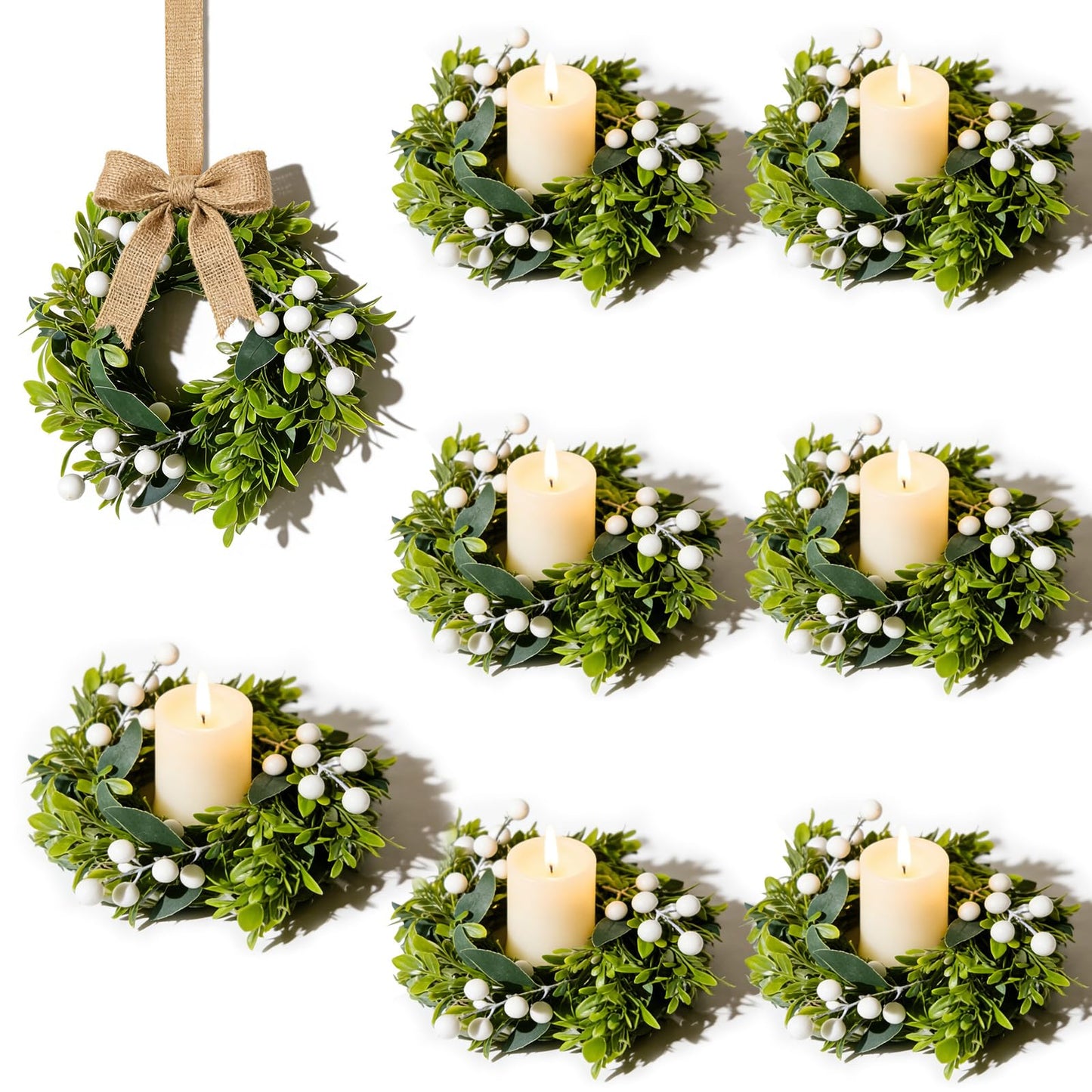 6 Pcs Small Spring Summer Candle Ring Wreaths with Artificial Boxwood Greenery White Berry Branches Mini Pillar Candle Holder Wreath for Home Table Centerpieces Kitchen Wedding Farmhouse Party Decor