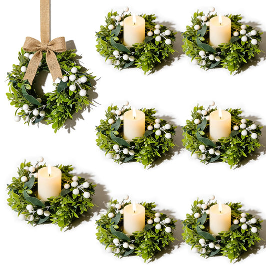 6 Pcs Small Spring Summer Candle Ring Wreaths with Artificial Boxwood Greenery White Berry Branches Mini Pillar Candle Holder Wreath for Home Table Centerpieces Kitchen Wedding Farmhouse Party Decor