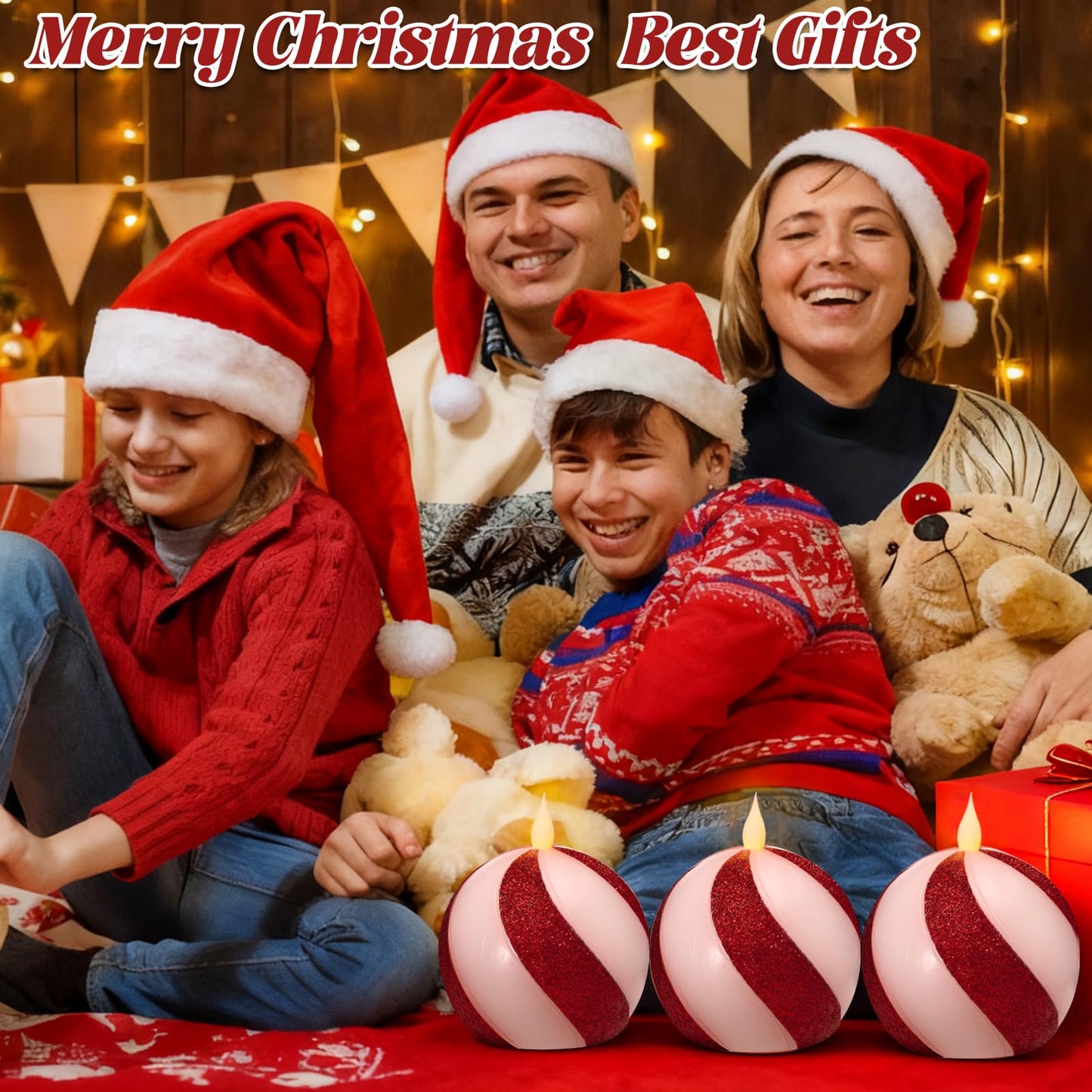 Set of 3 Christmas Sphere Candy-Cane Flameless Candles - Red White Real Wax Flickering Ball Candles Battery Operated with Remote, Candy Cane Christmas Decorations, Xmas Party Tables Centerpieces Decor