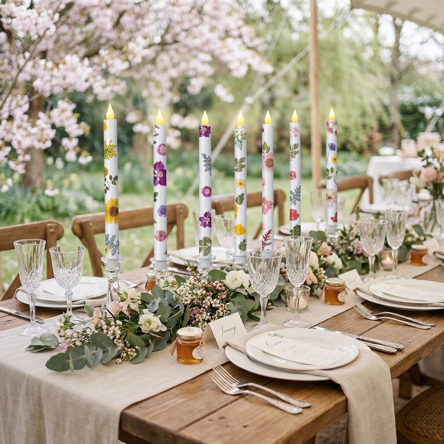 Nuanchu 6 Pcs Mother's Day Floral LED Flameless Taper Candles 10.6 Inch Pastel Dried Flower Flameless Candles Battery Operated Candlestick for Home Wedding Garden Summer Party Decoration