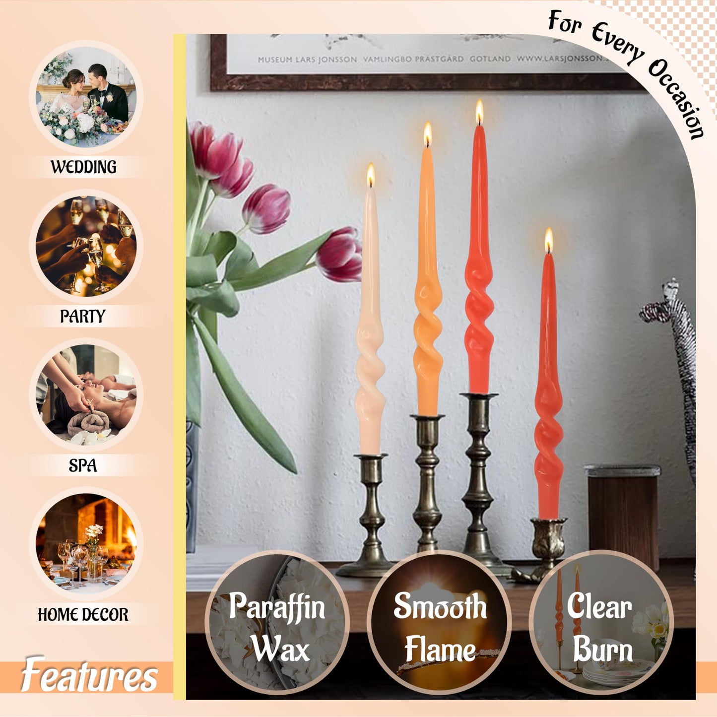 FLAMMUL Gradient Orange Spiral Taper Candles 9.5 Inch Handmade Long Candlesticks Smokeless Unscented Twisted Candle Sticks for Home Decor Weddings 4 Pcs