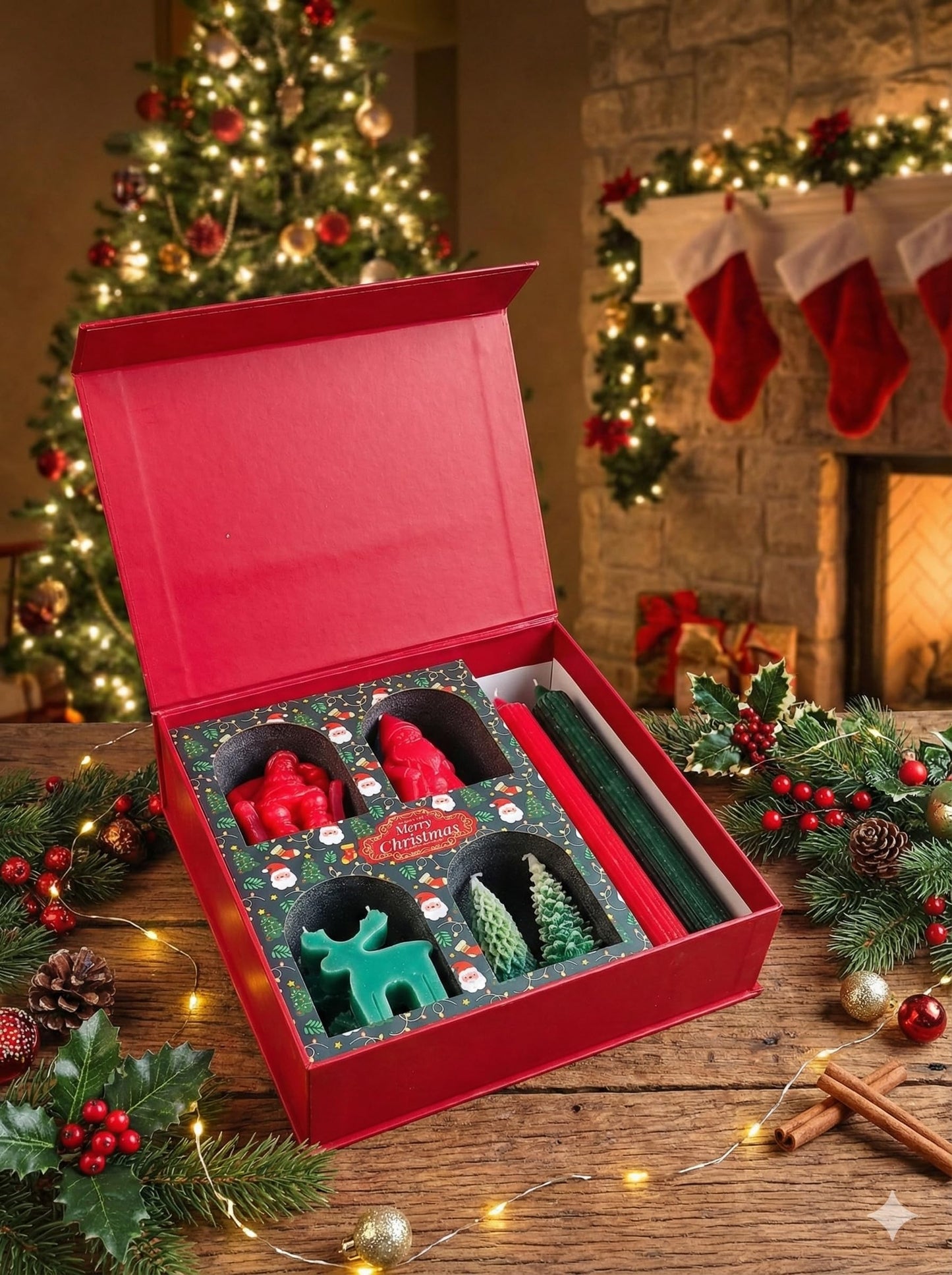 Hecate Magic Mall Christmas Candle Gift Set – 9 Highly Scented Festive Candles Including Santa, Trees, Deer, Cake & Ribbed Pillars | Luxury Holiday Gift Box with Surprise Santa Design (Pack of 1)