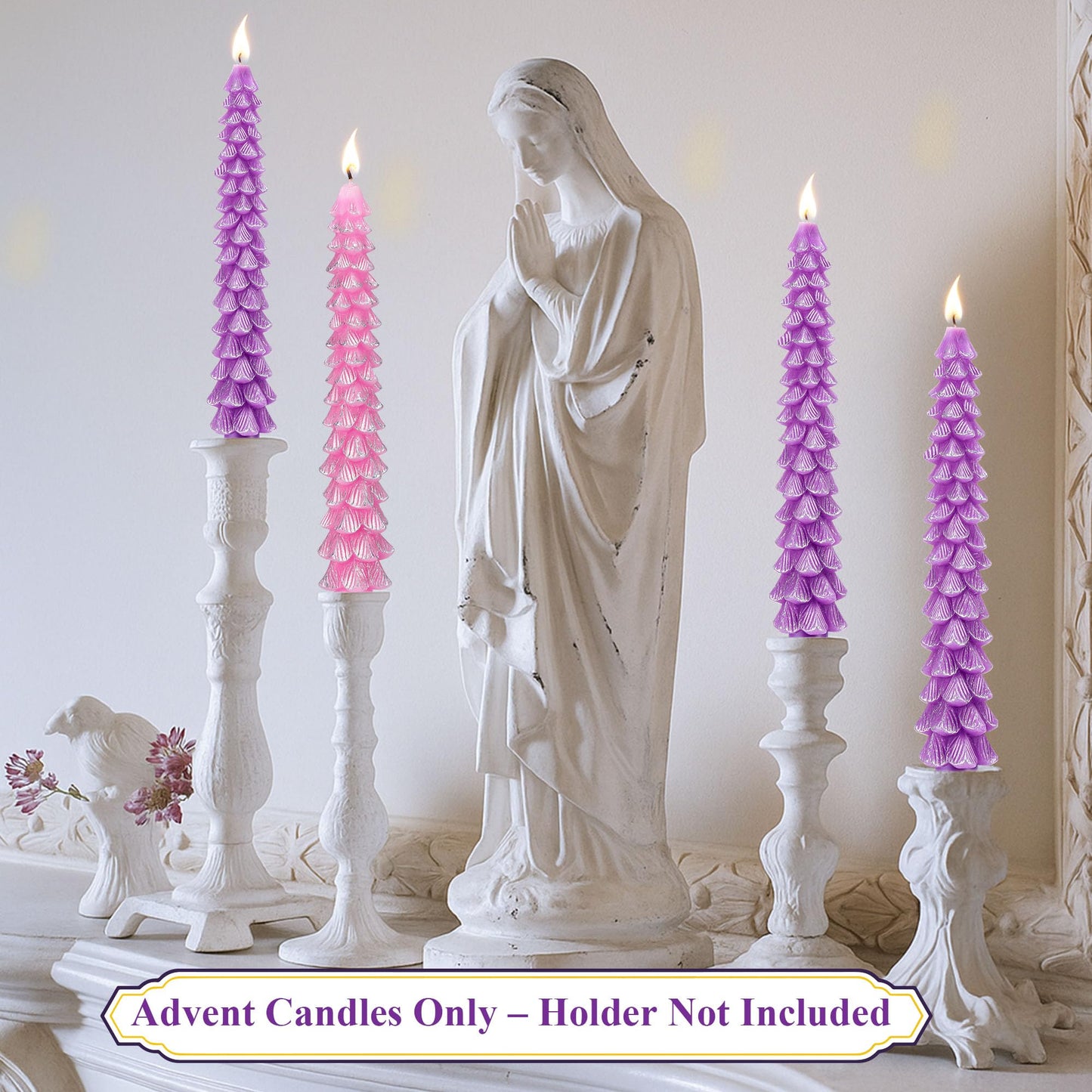 Enhon 4 Pcs Advent Candles Set, 10 Inch Tree Shaped Taper Candles, Unscented Beeswax Christmas Advent Wreath Candle for Xmas, Holiday, Church, Party, or Home Decor (Silver Rim,Purple,Pink)