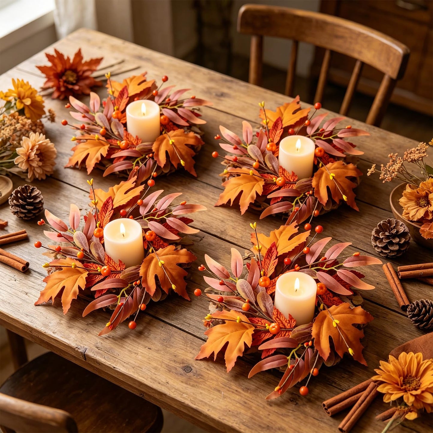 8 Pcs Mini Fall Wreaths Thanksgiving Table Centerpieces Fall Candle Rings 9 Inch Maple Leaf Wreaths for Cabinets Farmhouse Autumn Wreath for Front Door Porch Wall Window Decorations
