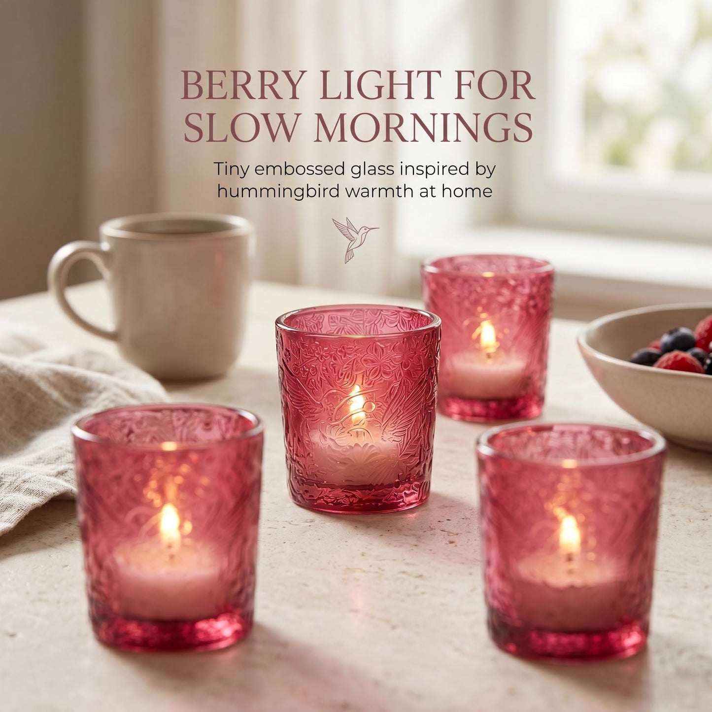 6 Pack Hummingbird Embossed Glass Candle Holders Votive Tealight Holders with Patent Design, Decorative Glass Cups for Wedding Centerpieces, Parties, and Home Decor (Wildberry Red)