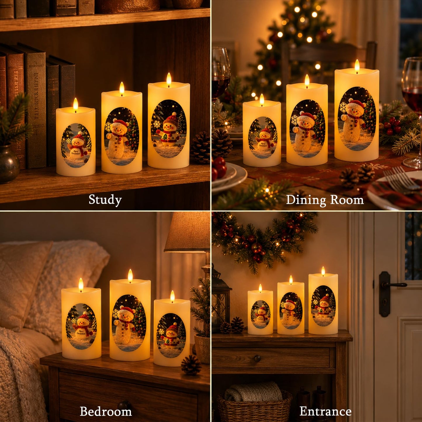 Tzgckui Flameless Candles, Battery Operated Led Flickering Flameless Candles 3 Pack for Christmas, White Cylindrical with Winter Scene, Remote Control & Timer, 4/5/6 Inch for Holiday Home Decor