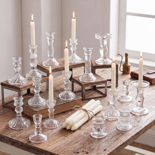 Mumufy 20 Sets Glass Crystal Taper Candle Holders Stand Centerpiece Bulk with 10 in Taper Candles Sticks Clear Decorations Table Wedding Dining Party (Transparent)
