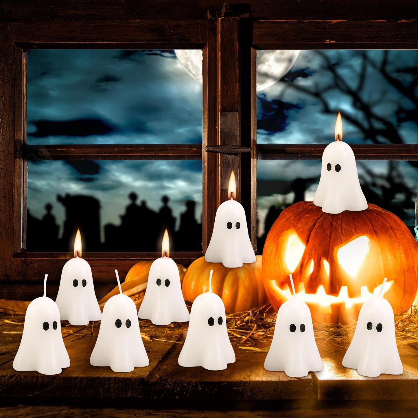 EBaokuup 10 PCS 2.3'' X 1.6'' Halloween Ghost Candles, White Classic Decor Candle for Home and Table Decorations