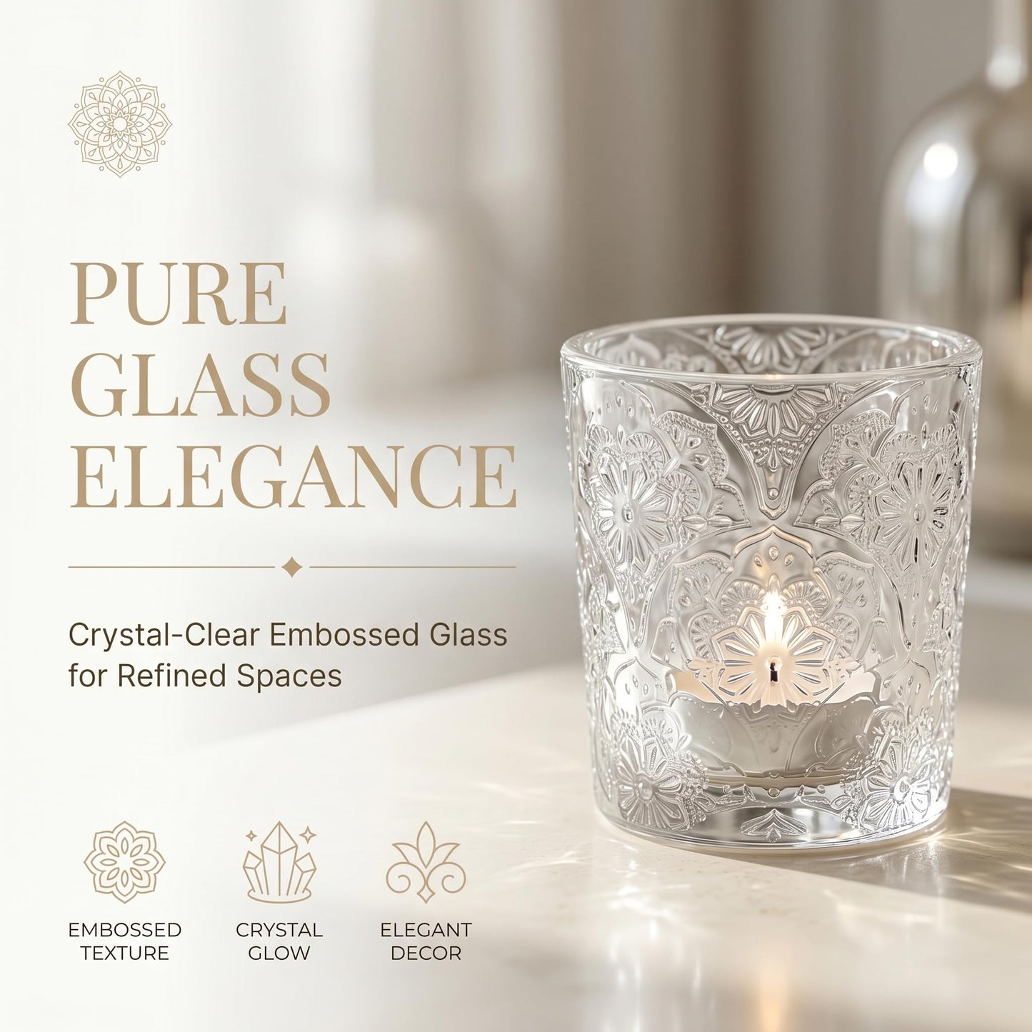 6 Pack Mandala Embossed Glass Candle Holders – Votive Tealight Holders with Patent Design, Decorative Embossed Glass Cups for Wedding Centerpieces, Parties, and Home Décor (Crystal Clear)