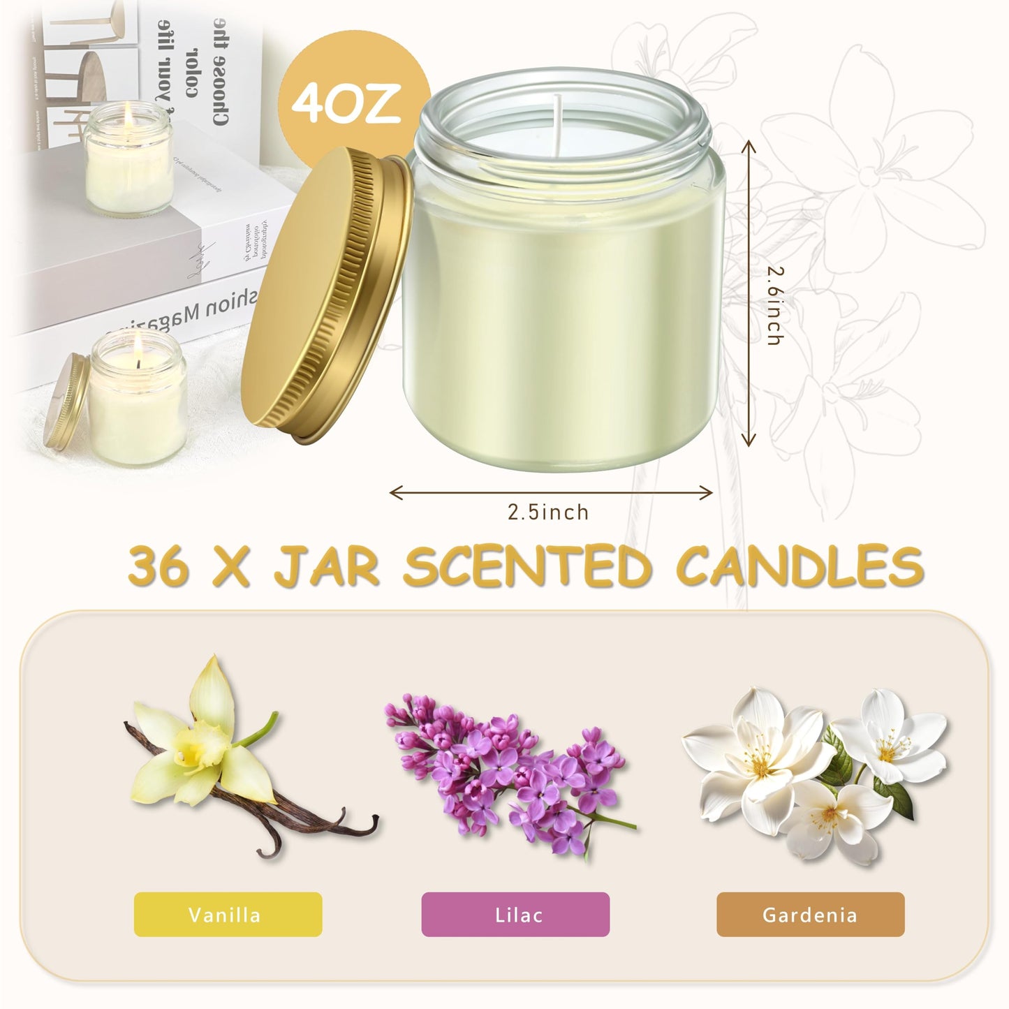 ACITHGL 36 Pcs 4oz Mini Mason Jar Candles Small Scented Candles Bulk Aromatherapy Ideal Souvenir Favors for Wedding Birthday Party (Vanilla, Lilac, Gardenia, Gold)