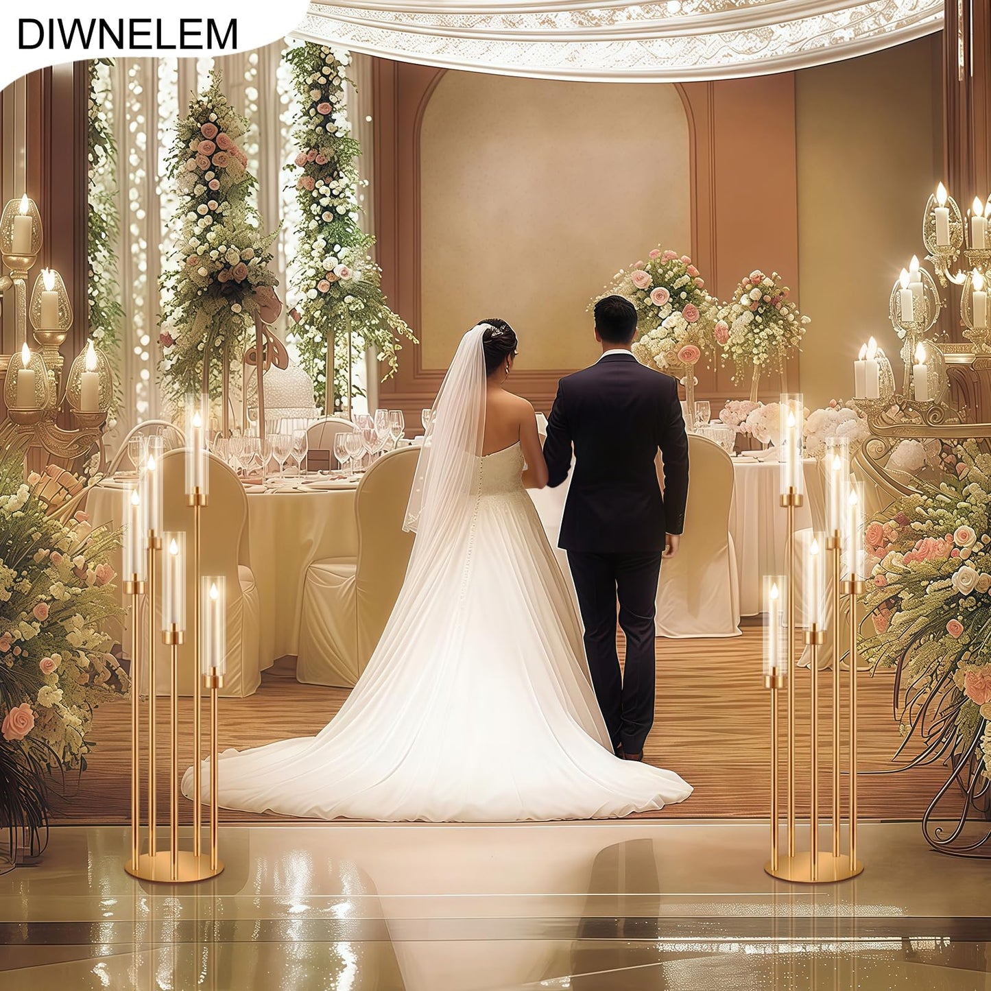 DIWNELEM 4 Pcs Gold Candelabra Centerpieces 5 Arm 42" Tall Metal Candle Holder Floor Candelabra Wedding Centerpieces Metal Candlestick Holders with Acrylic Removable Lampshade for Christmas Decoration