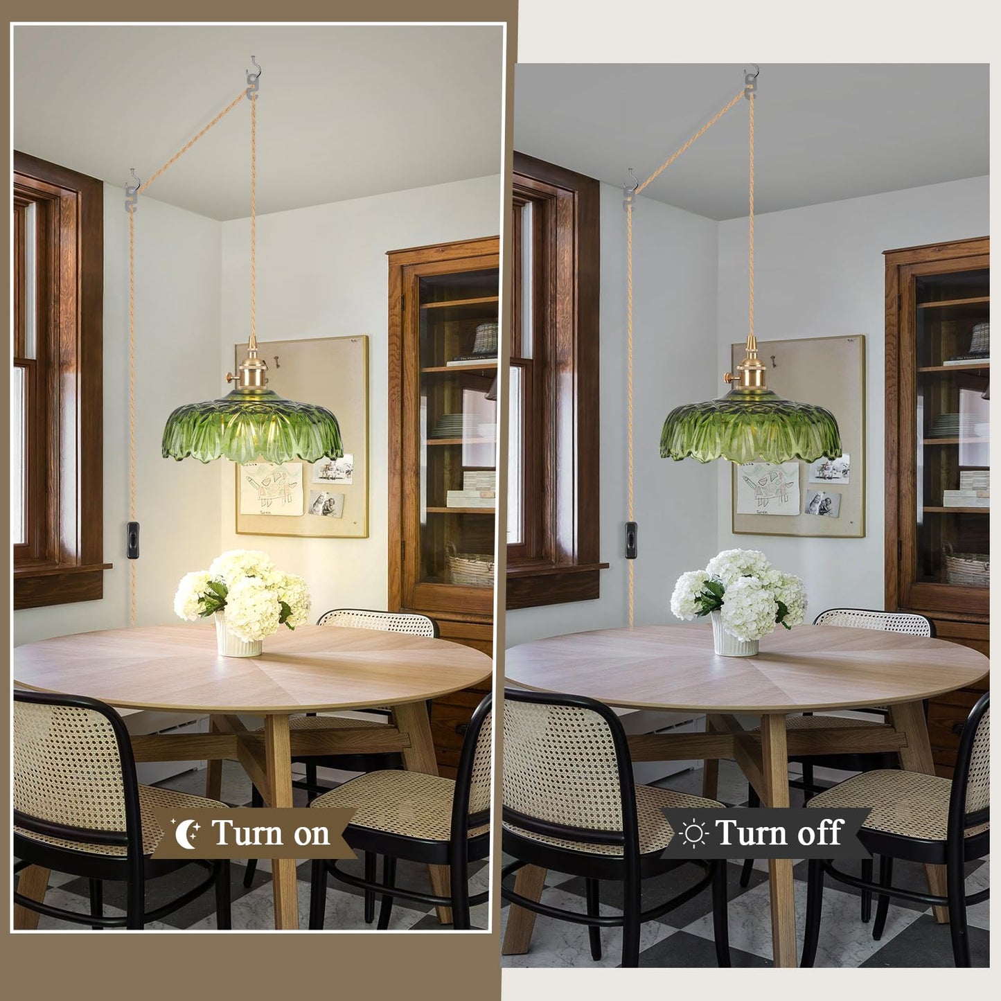 Loiogohot Plug in Pendant Light Fixture, Green Glass, E26, 9.4in, Model BN1167-GN-PI for Kitchen, Bedroom, Dining Room, Living Room