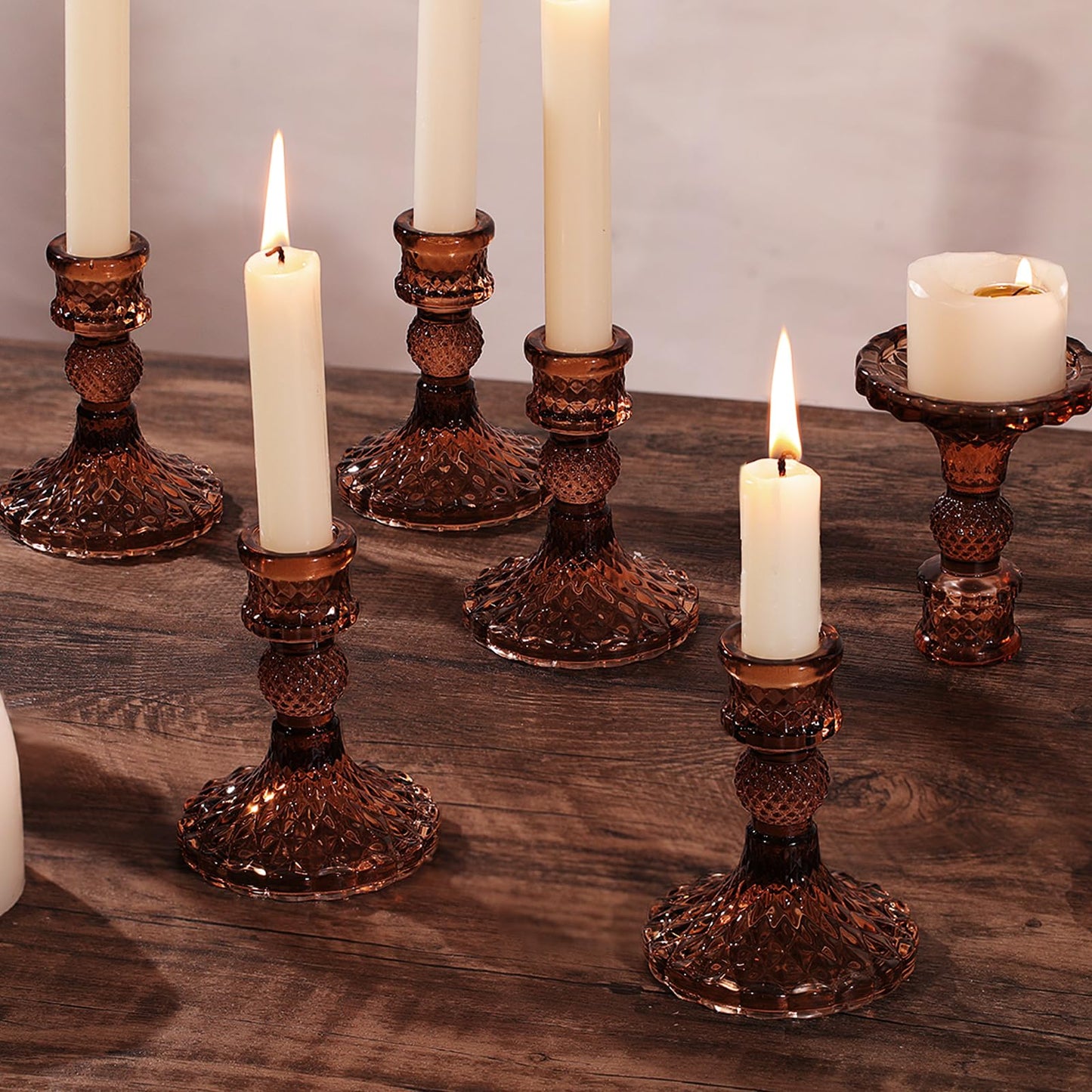 12Pcs Amber Candlestick Holders Set- 4" H Taper Candle Holders Bulk, Glass Candle Holders for Wedding, Party, Fall Dinner Table Centerpieces, Festival Gifts & Windowsill Decor
