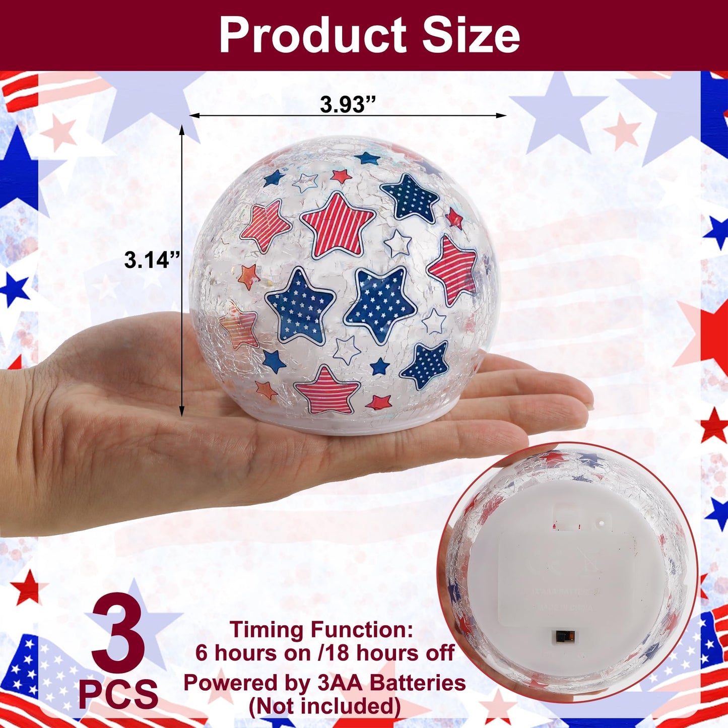 3PCS Independence Day Decorative Lights, 3.93-inch Independence Day Desktop Decoration LED Night Light, Cracked Glass Ball Light with Timer, 4th of July Decoration (red Five-Pointed Star)