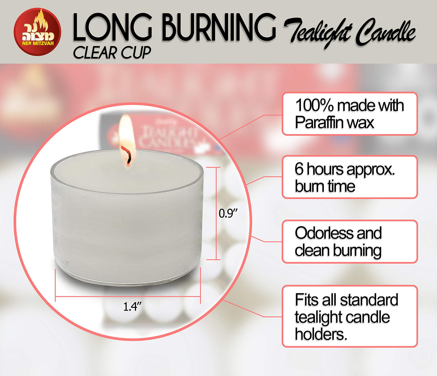 Ner Mitzvah Long Lasting Tealight Candles - 6 Hours - White in Clear Cups - Unscented - 80 Pack - Made in EU