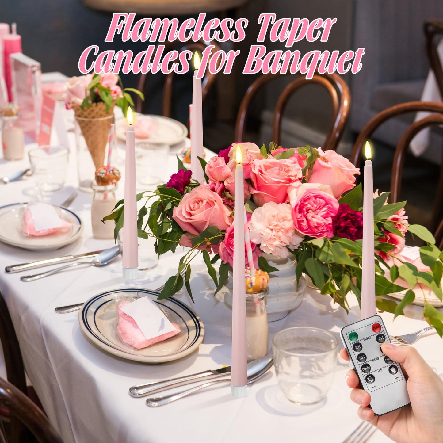 Rossesay 16 Pcs Pink Flameless Taper Candles Battery Operated Candles with Remote Timer 8.5" 9.6" 10.8" 12.8" Multiple Sizes Pink LED Flickering Candlestick for Wedding Centerpieces Party Decor