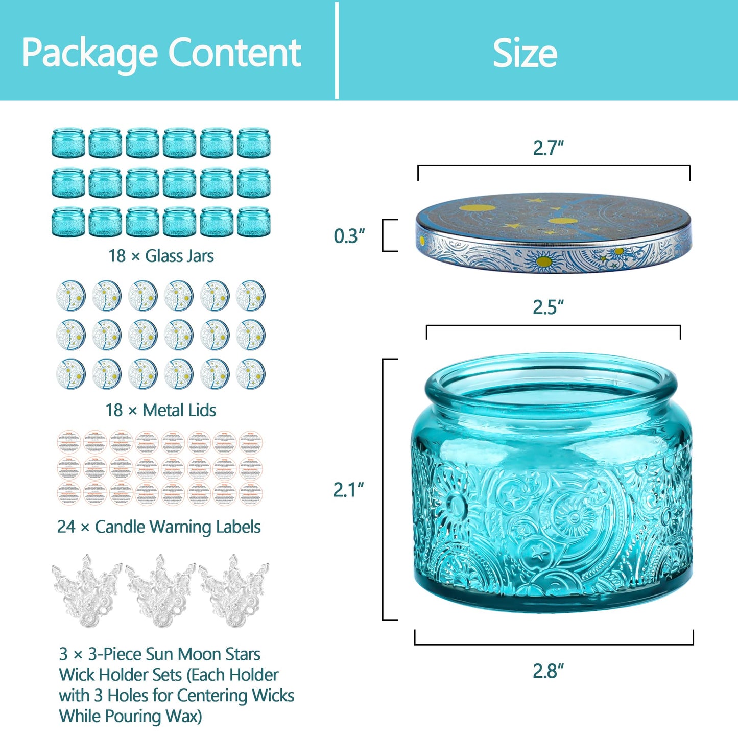 18-Pack 4oz Embossed Glass Candle Jars with Lids and Labels - Sun Moon Stars Design (Blue)
