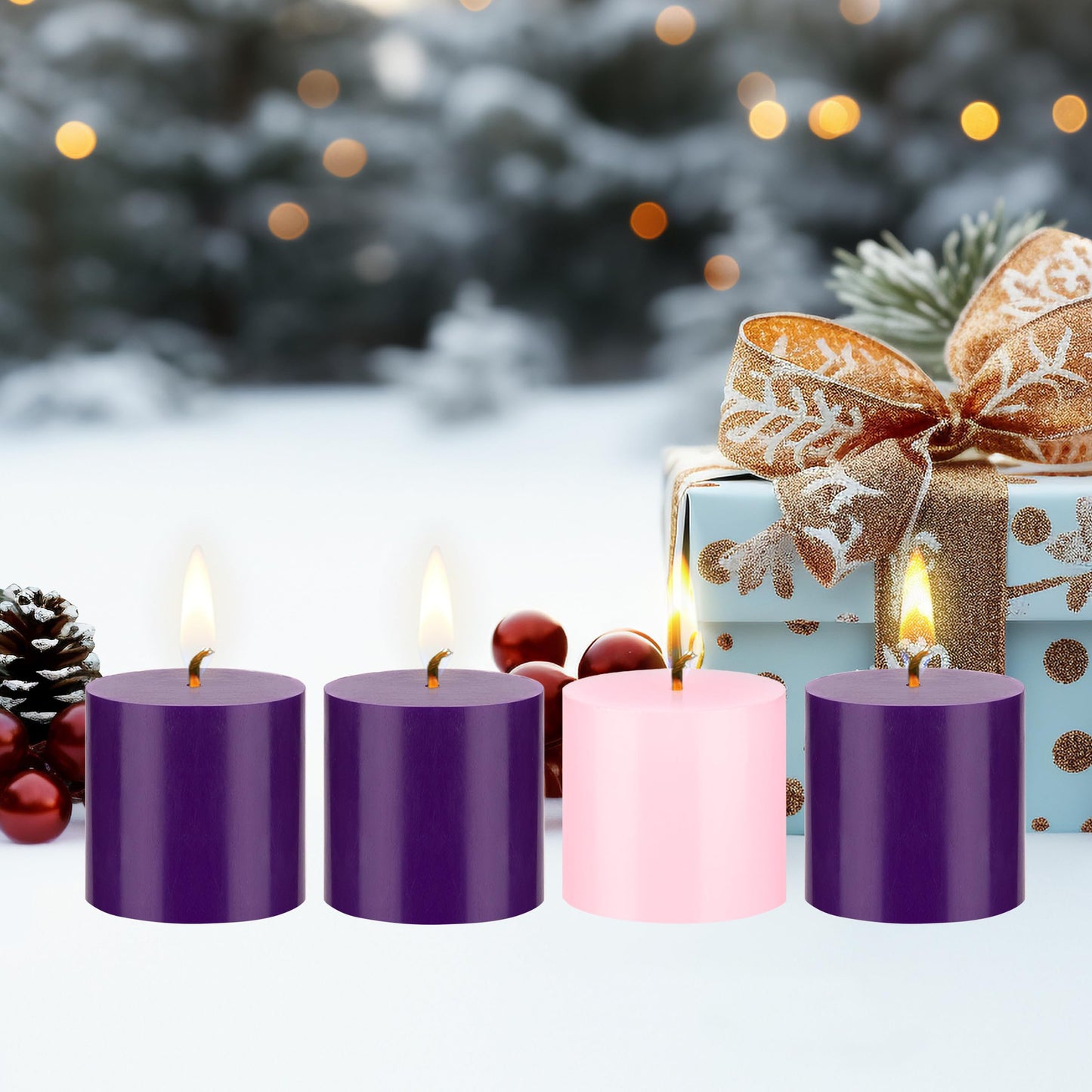Mega Candles 4 pcs Unscented Christmas Advent Candles Set, Hand Poured Premium Wax Round Pillar Candle 3 Inch x 3 Inch, Holidays, Occasions, Events, Festivities, Devotional, Church, Wreath, Gifts