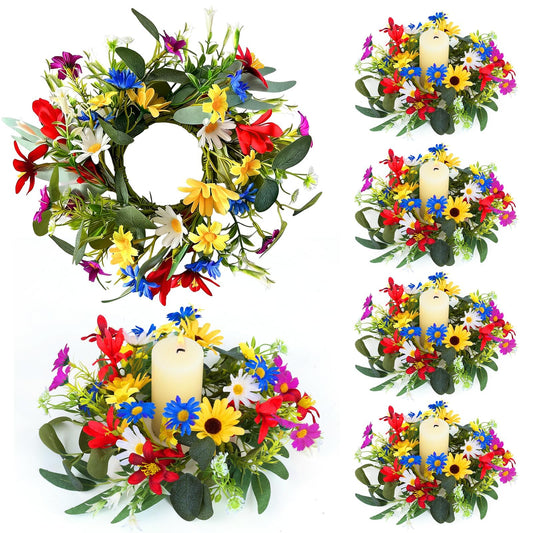 6 PCS Spring Summer Artificial Floral Candle Rings Wreath Sunflowers Daisy Forsythia Candle Rings Pillar Holder Wreath Mini Eucalyptus Candle Wreaths Kitchen Cabinet Swags for Home Tabletop Decor