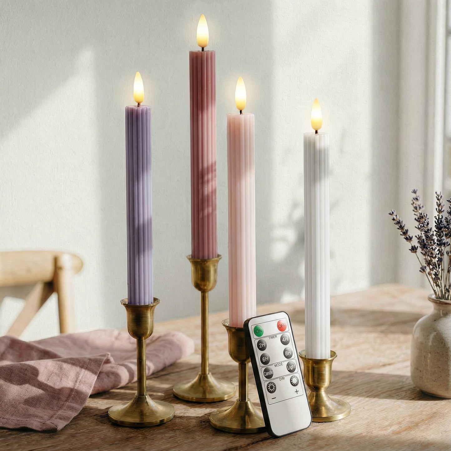 West Ivory Dusty Mauve Coordinated Pinkish Lilac 4 Pack, 10" Real Wax LED Flameless Fluted Ribbed Grooved Taper Candles, Remote & Timer, On/Off Button, Dimmable, Battery Operated, Menorah Wedding