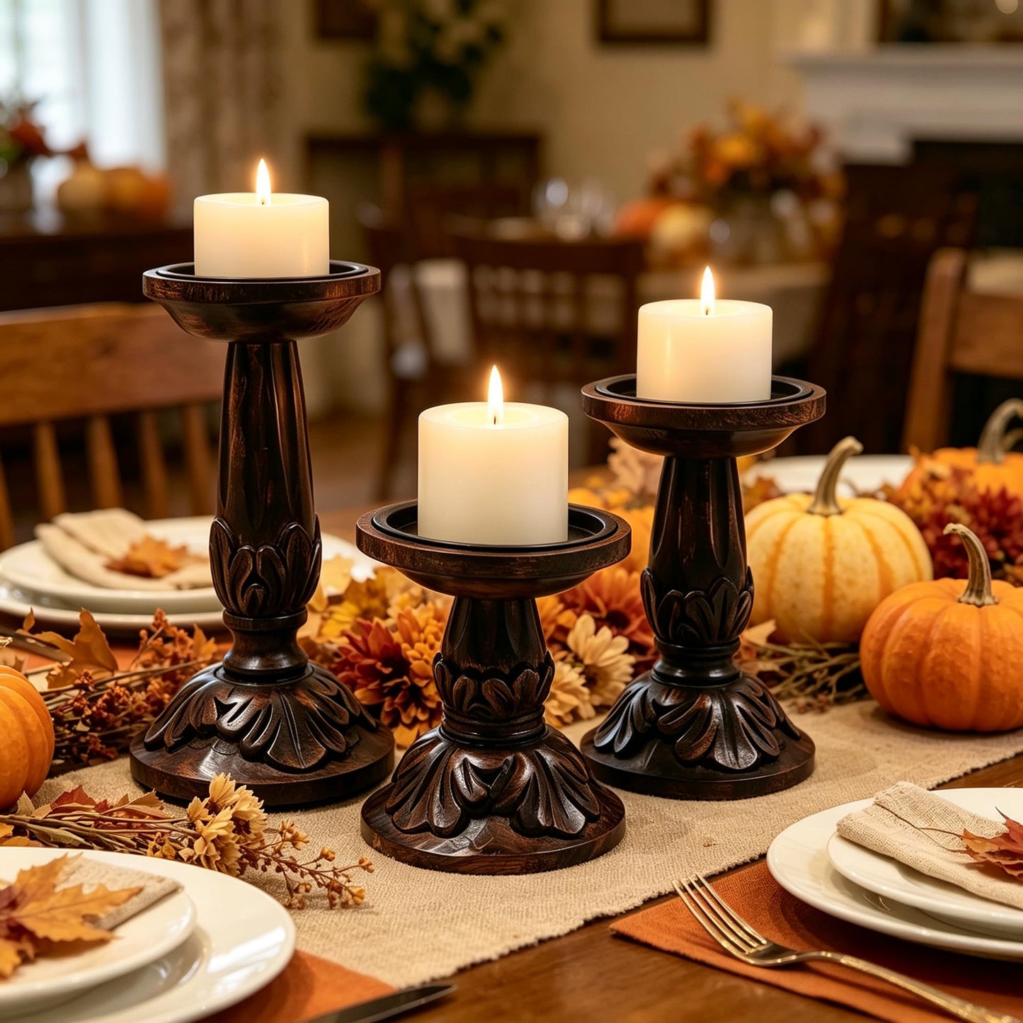 Hosley Set of 3 Dark Brown Wood Pillar Candle Holders 8 Inches 6 Inches and 4.25 Inches High Ideal for LED and Pillar Candles Gifts for Weddings Party Home Spa Reiki Aromatherapy