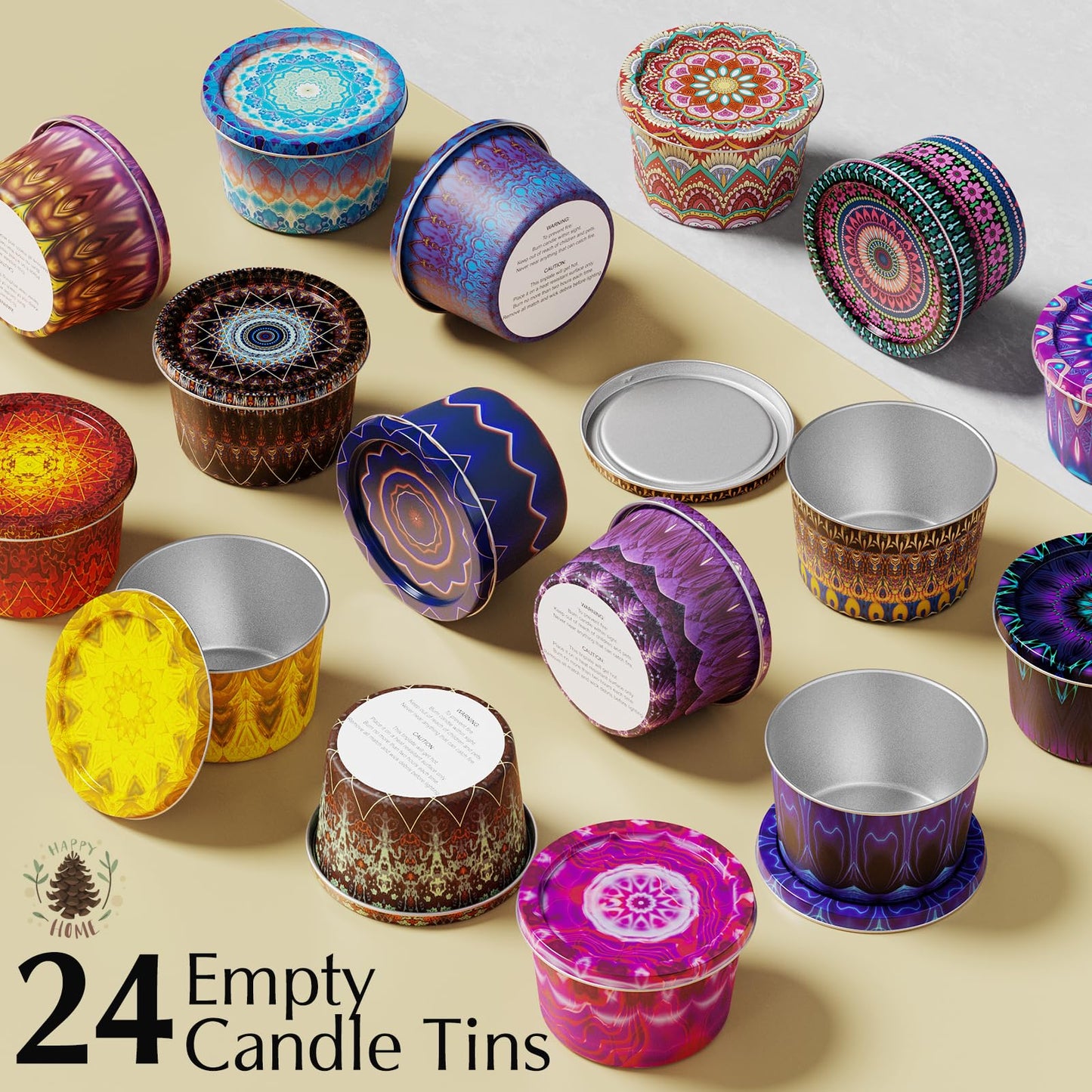 Happyhube Empty Candle Tins for Making Candles, 24 Pack 2.5 oz Metal Containers, Travel-Friendly Rust-Proof Tins with Lids, 24 Patterns Jars(Colourful)