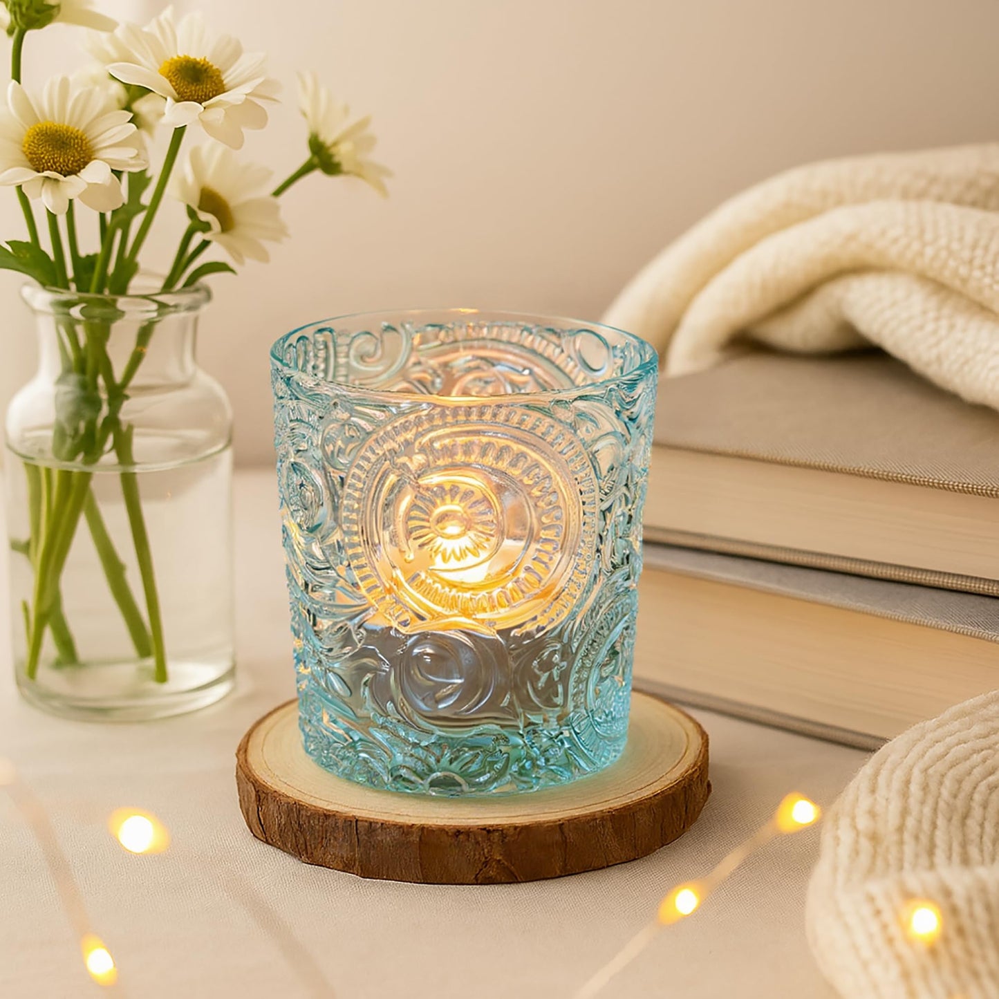6 Pack Sun Moon Star Embossed Glass Tea Light Candle Holders - Votive Candle Holders for Wedding, Party, Home Decor, and Table Centerpieces (Clear Glass)