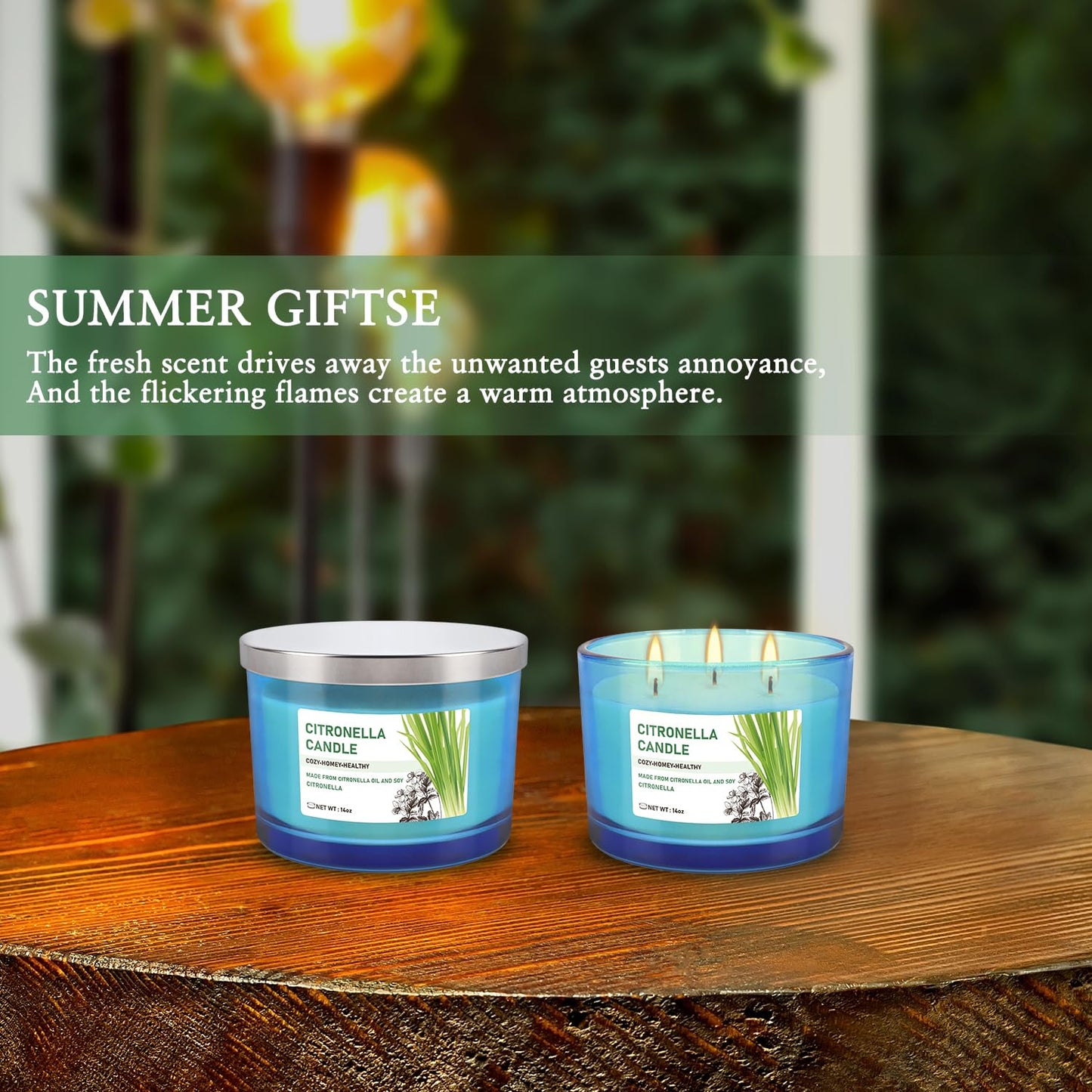 2x14oz Large 3-Wick Outdoor Indoor Citronella Candles, Long Lasting to 30 Hours, Scented Natural Soy Candle for Garden Camping Party Yard Balcony